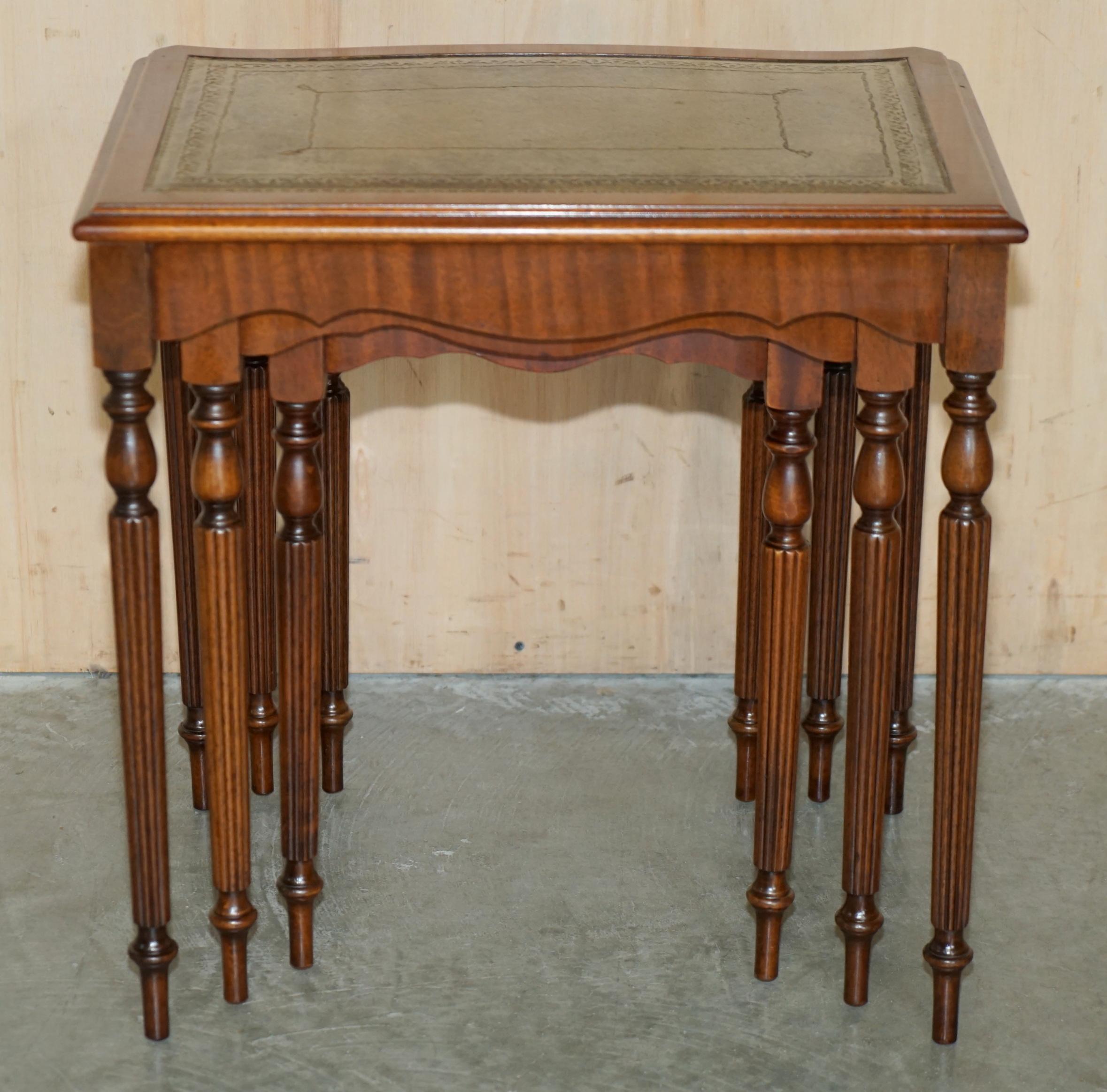 Hand-Crafted ViNTAGE SERPENTINE FRONTED GREEN LEATHER & HARDWOOD NEST OF THREE TABLES For Sale