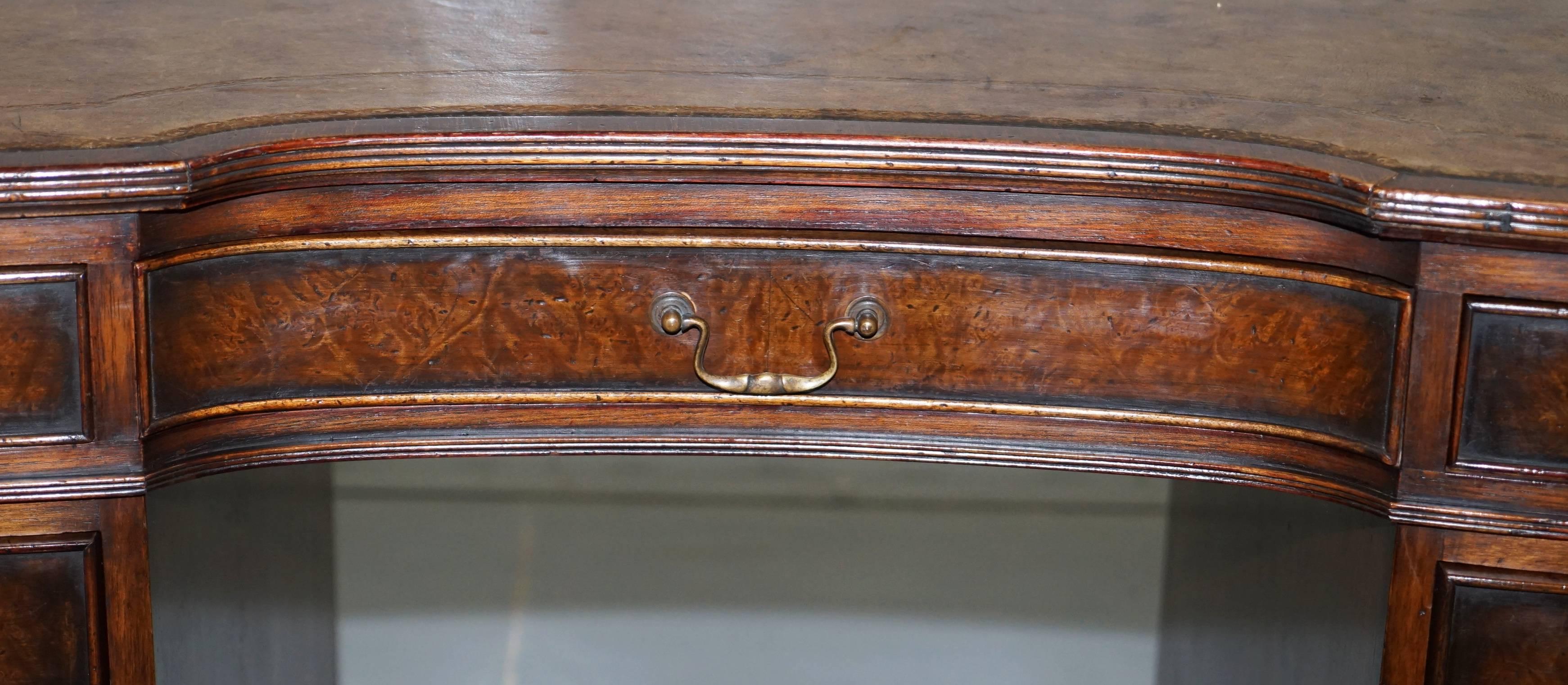 Vintage Serpentine Fronted Walnut Twin Pedestal Partner Desk Brown Leather Top 5