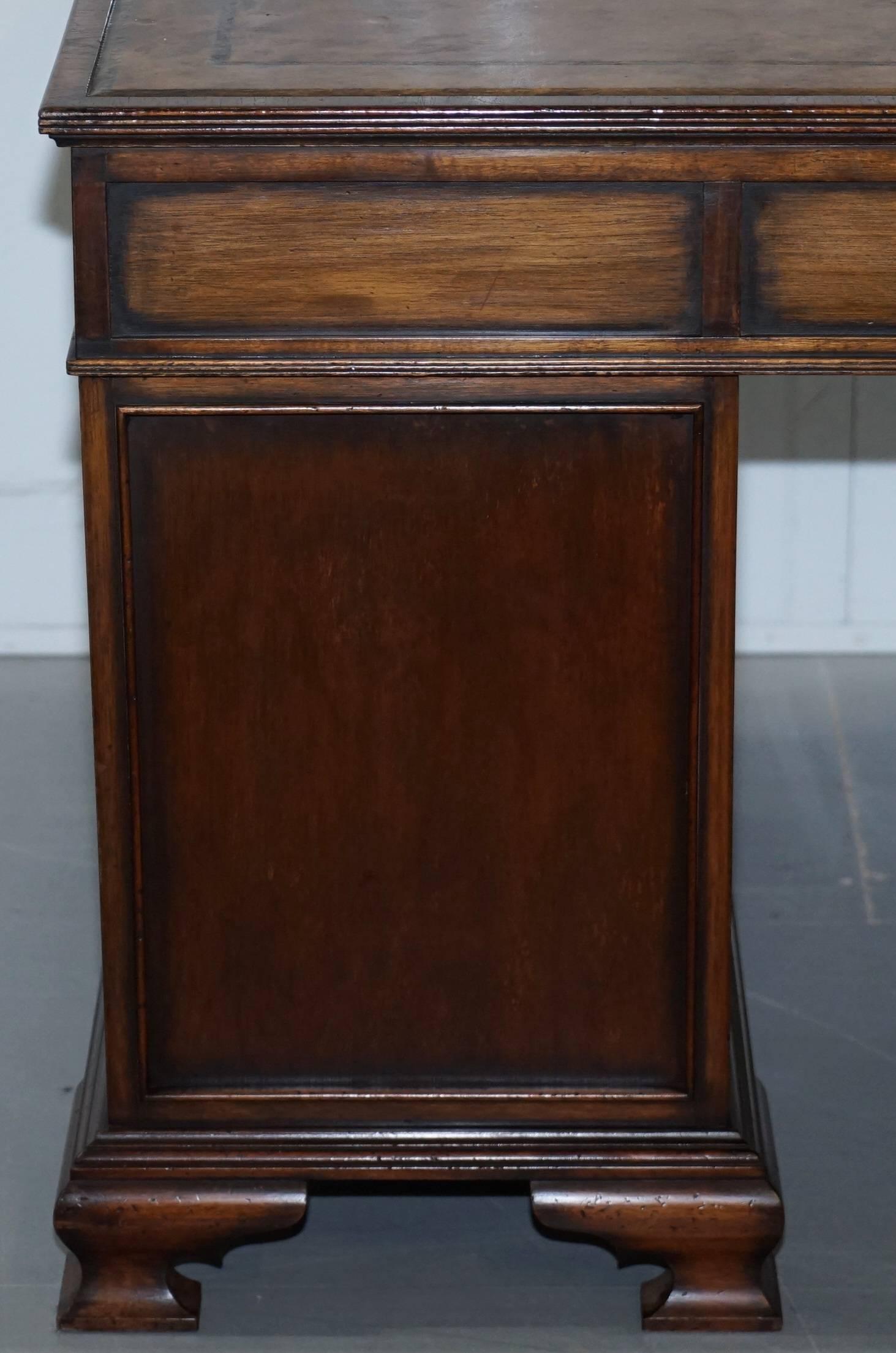 Vintage Serpentine Fronted Walnut Twin Pedestal Partner Desk Brown Leather Top 10