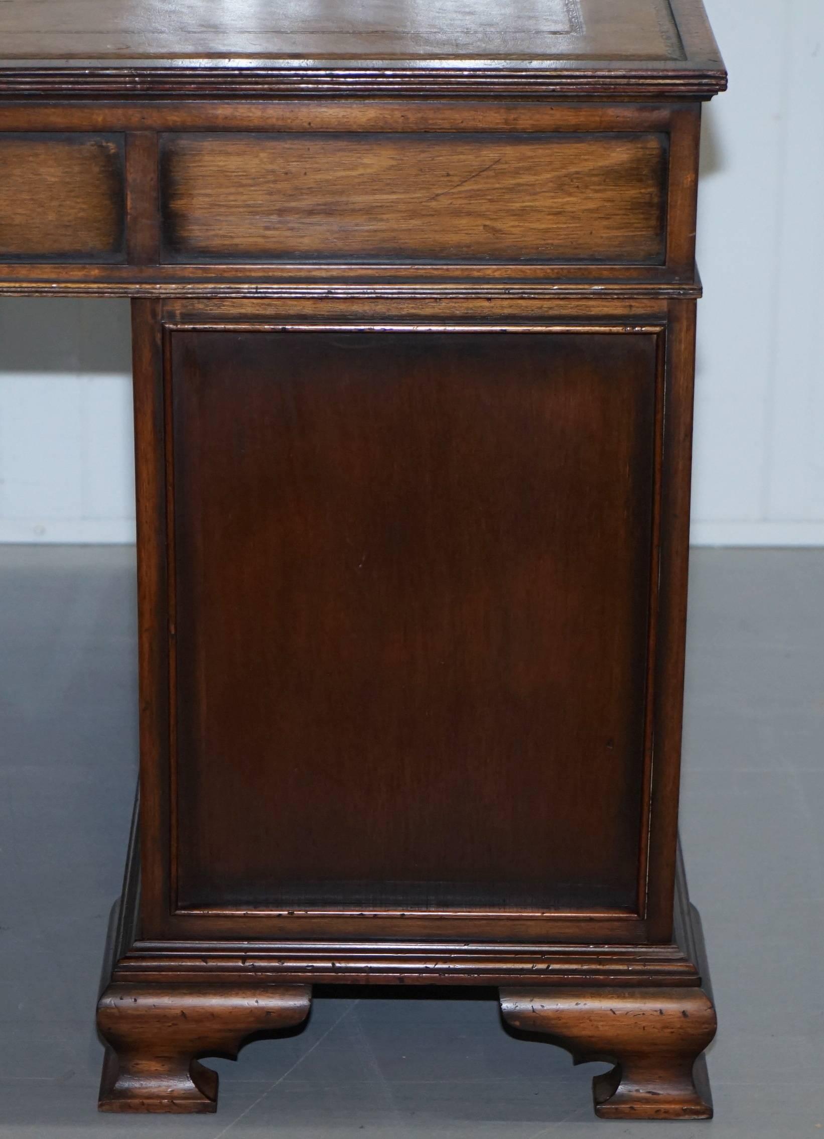 Vintage Serpentine Fronted Walnut Twin Pedestal Partner Desk Brown Leather Top 11