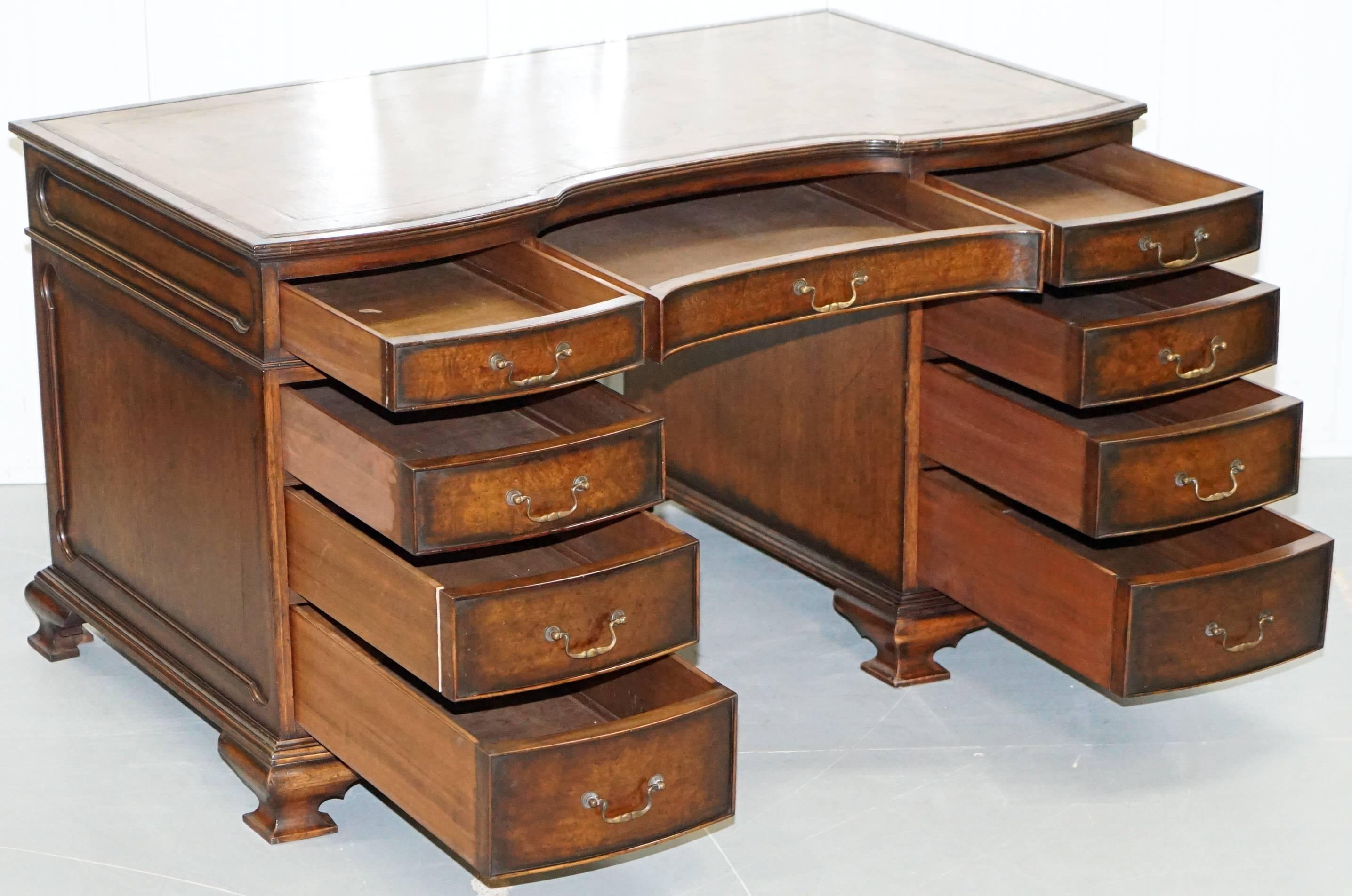 Vintage Serpentine Fronted Walnut Twin Pedestal Partner Desk Brown Leather Top 12