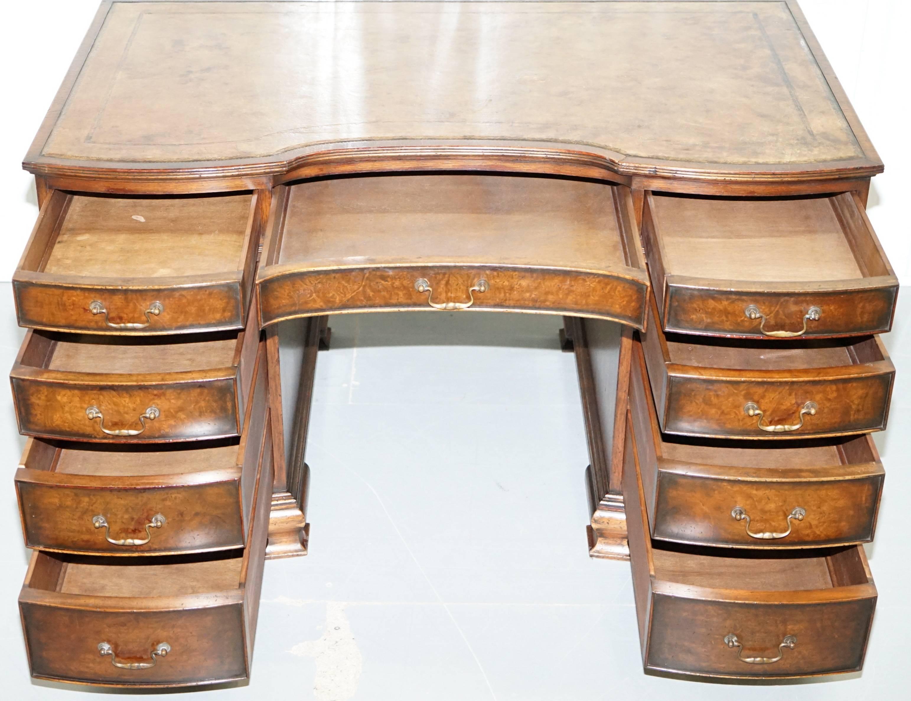 Vintage Serpentine Fronted Walnut Twin Pedestal Partner Desk Brown Leather Top 13