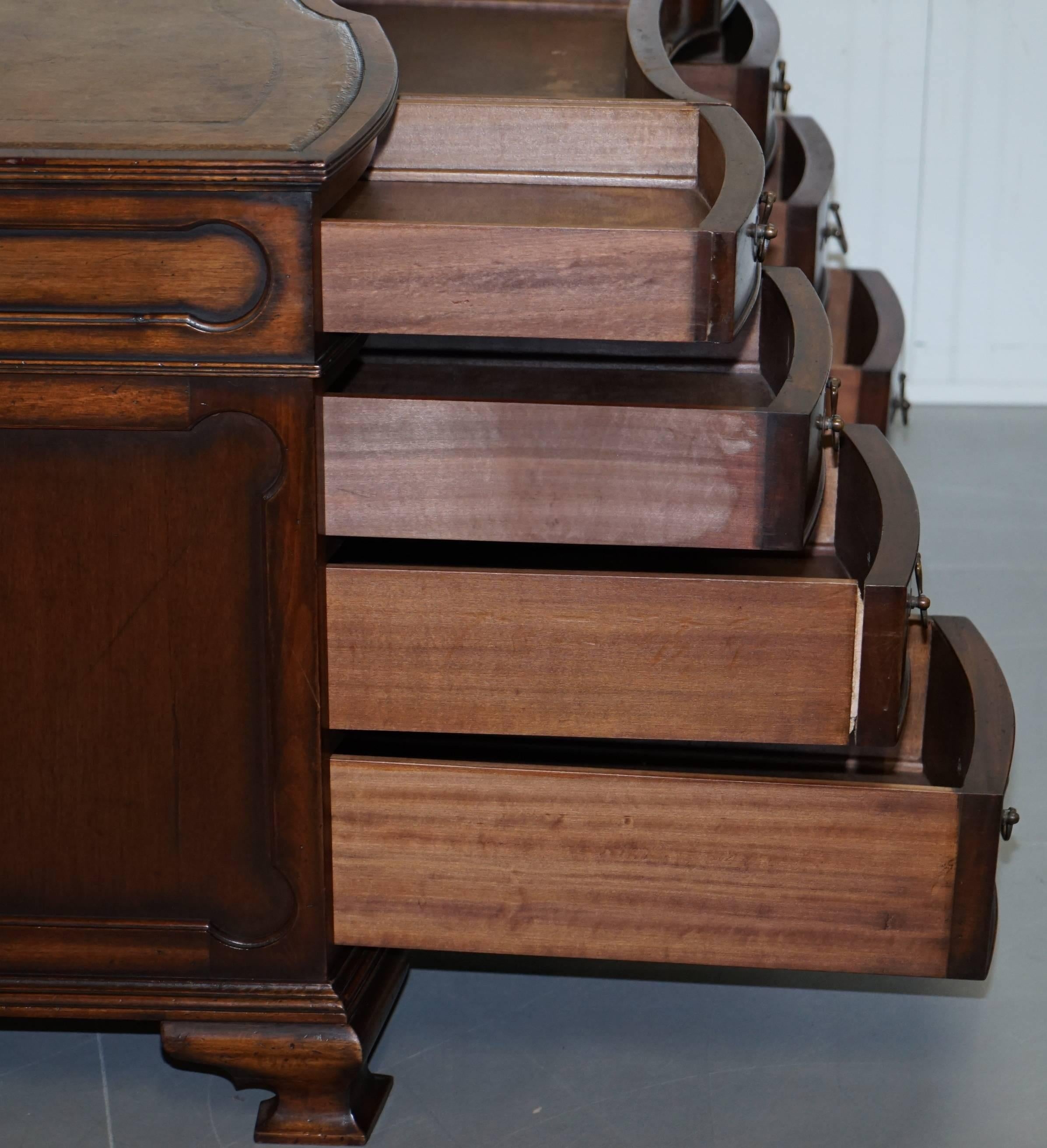 Vintage Serpentine Fronted Walnut Twin Pedestal Partner Desk Brown Leather Top 14