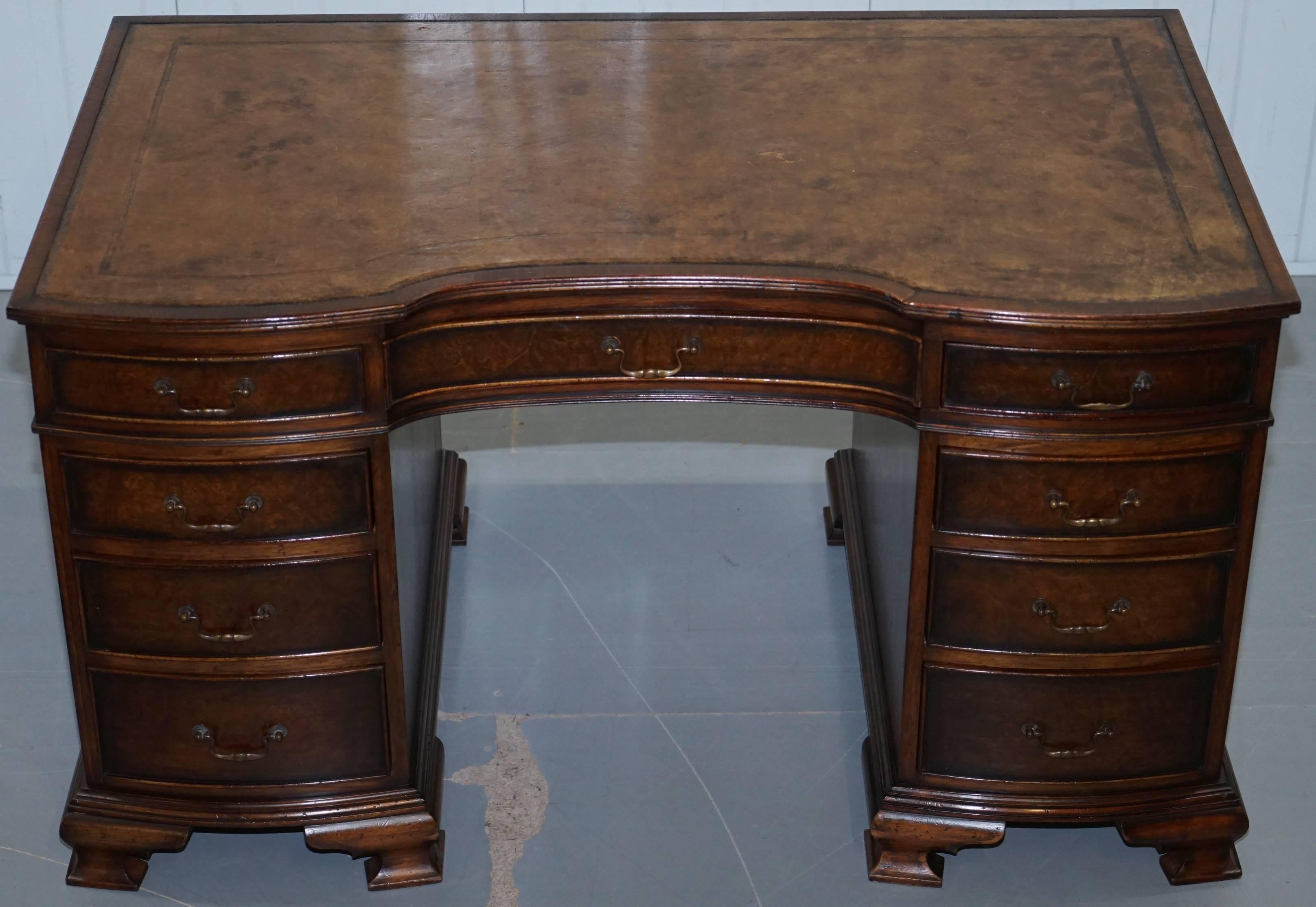 British Vintage Serpentine Fronted Walnut Twin Pedestal Partner Desk Brown Leather Top