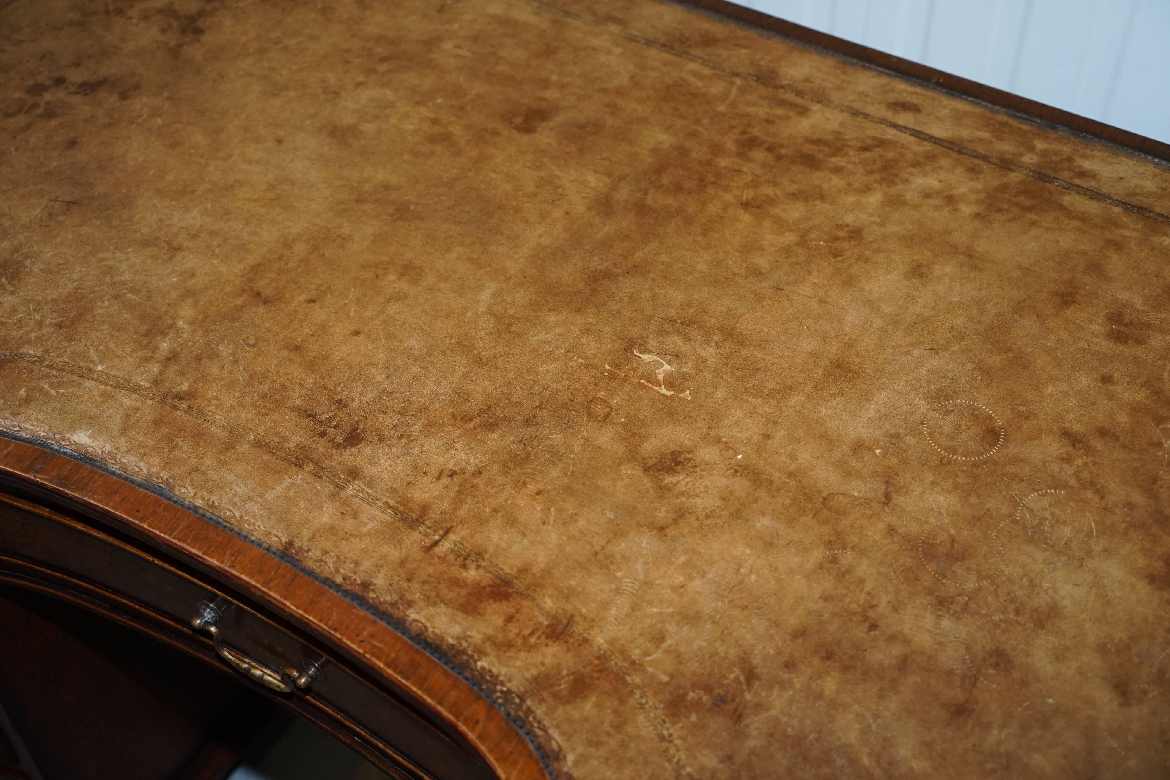 Vintage Serpentine Fronted Walnut Twin Pedestal Partner Desk Brown Leather Top 1