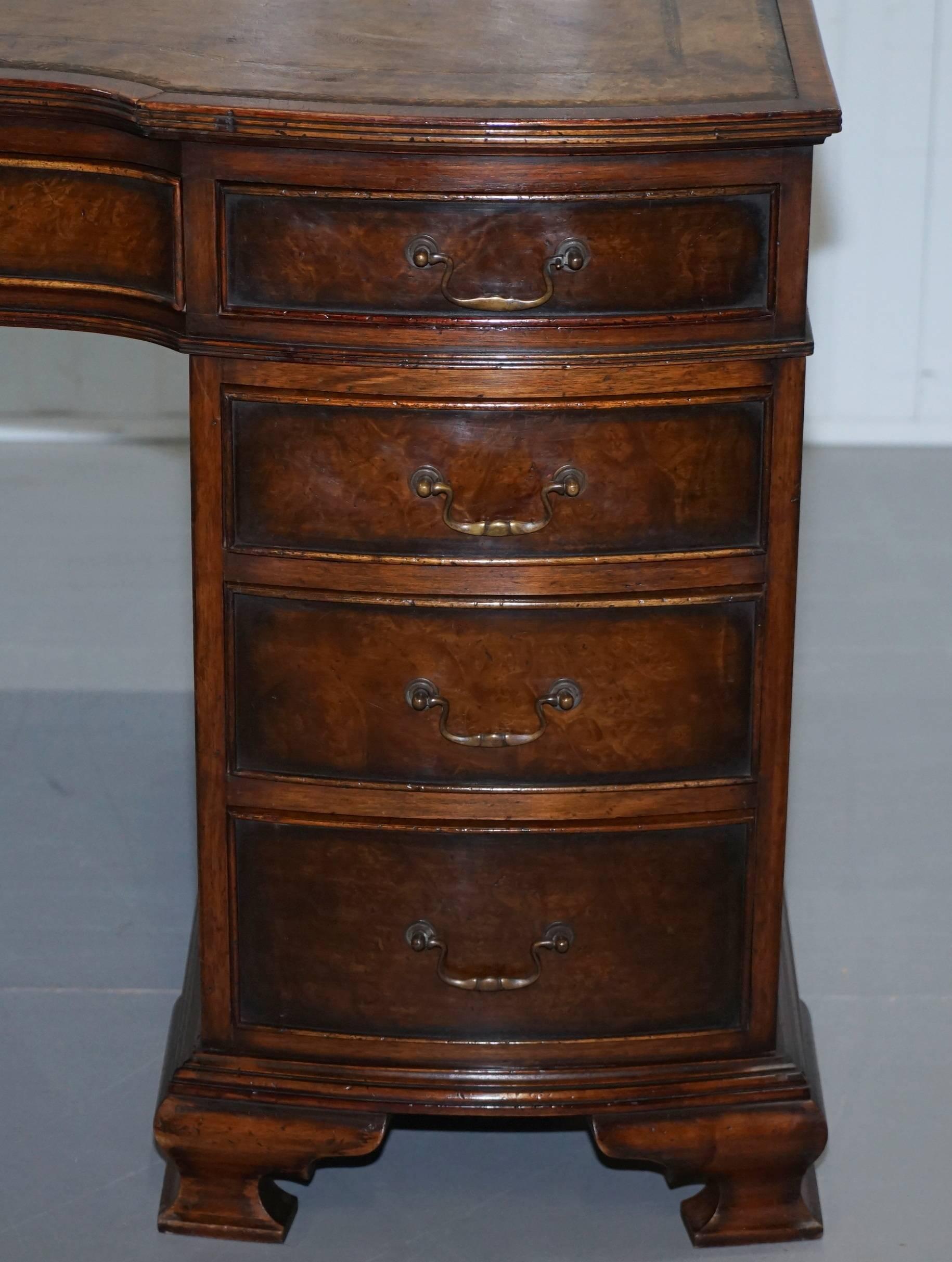 Vintage Serpentine Fronted Walnut Twin Pedestal Partner Desk Brown Leather Top 3