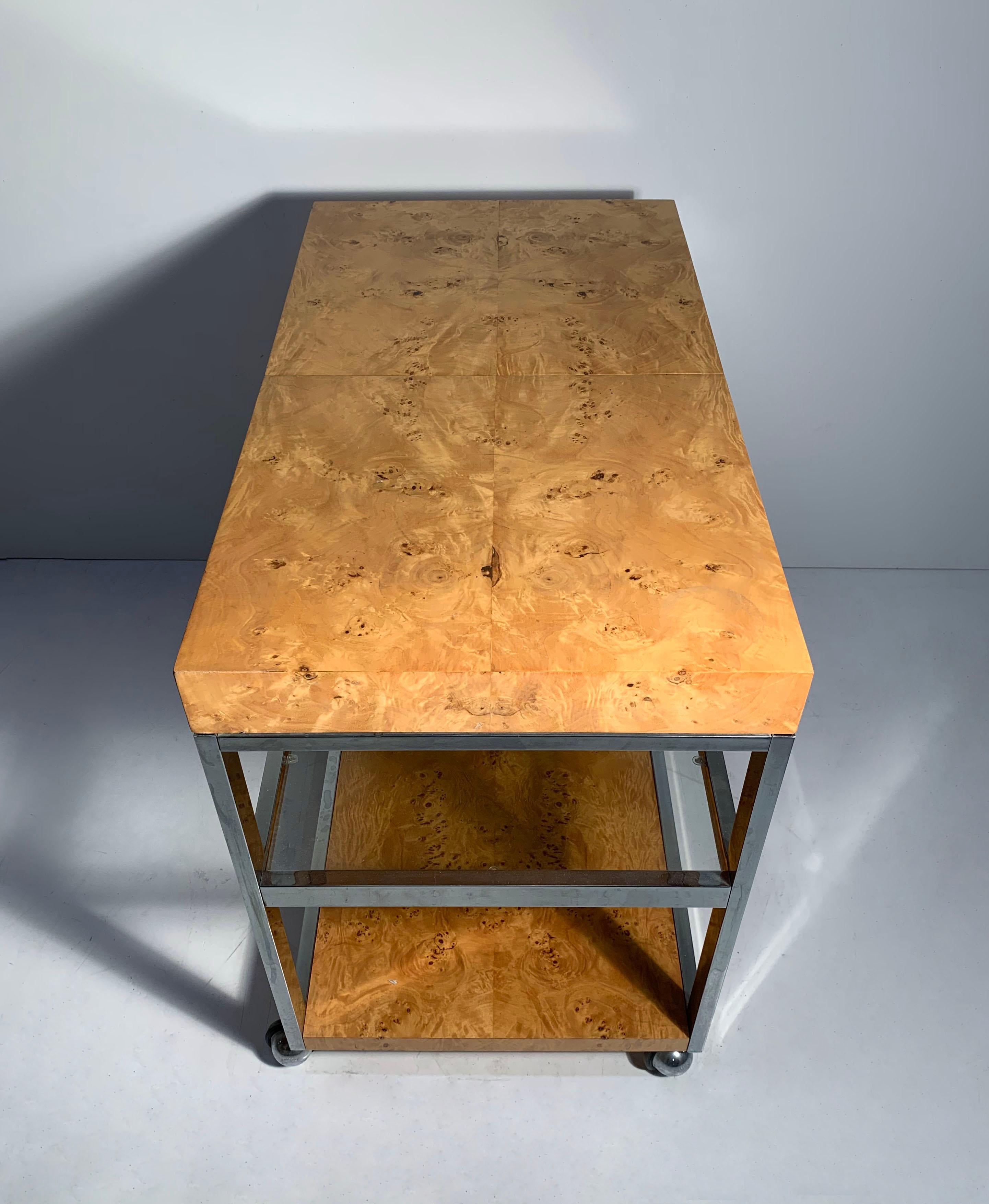 Vintage Burl Wood Server Bar Cart Attributed to Milo Baughman In Good Condition For Sale In Chicago, IL