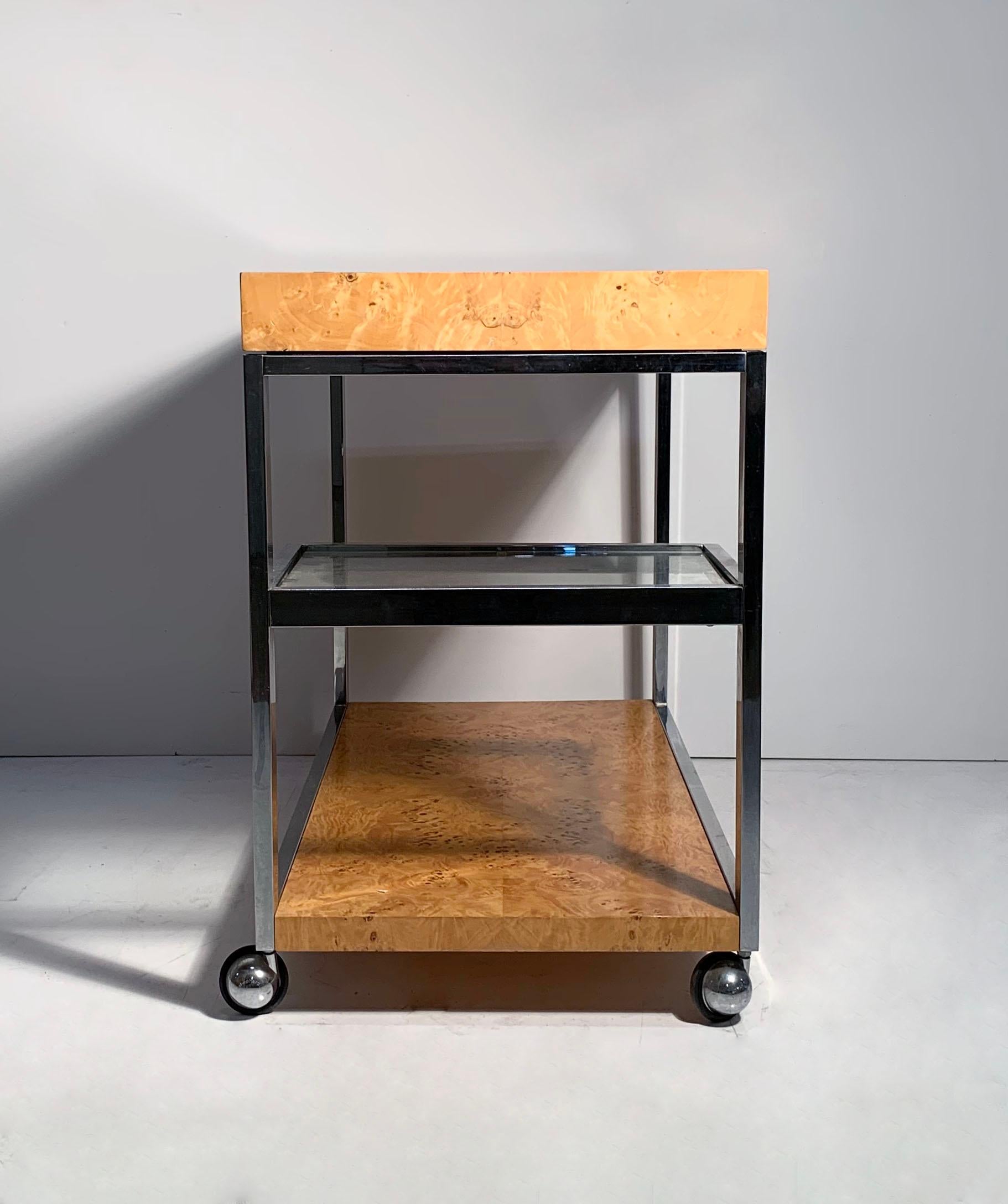 20th Century Vintage Burl Wood Server Bar Cart Attributed to Milo Baughman For Sale