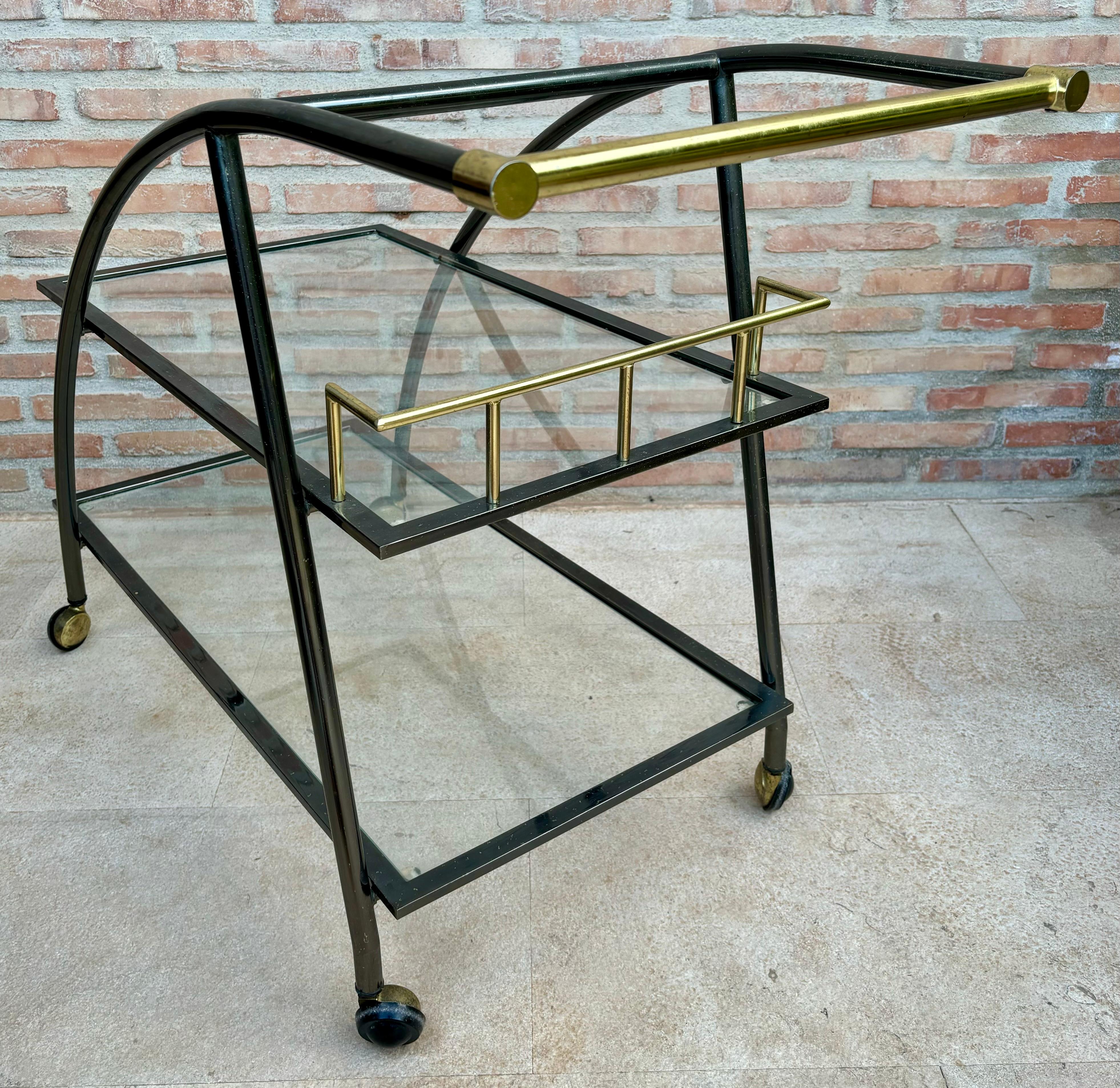 Late 20Th Century Serving Bar Cart in Brass and Glass with two shelves and wheels.