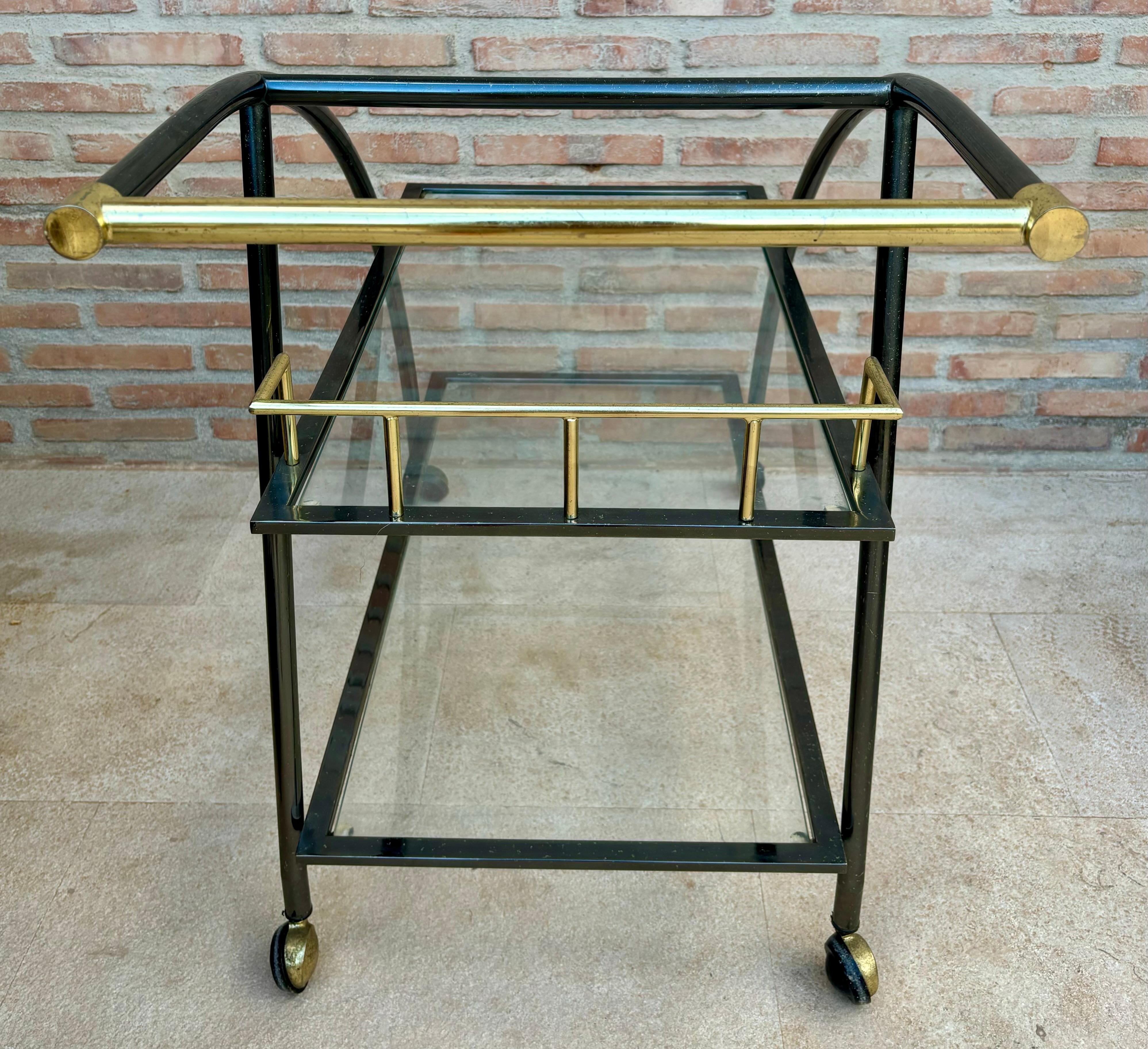 Mid-Century Modern Vintage Serving Bar Cart in Brass and Glass, 1980s For Sale