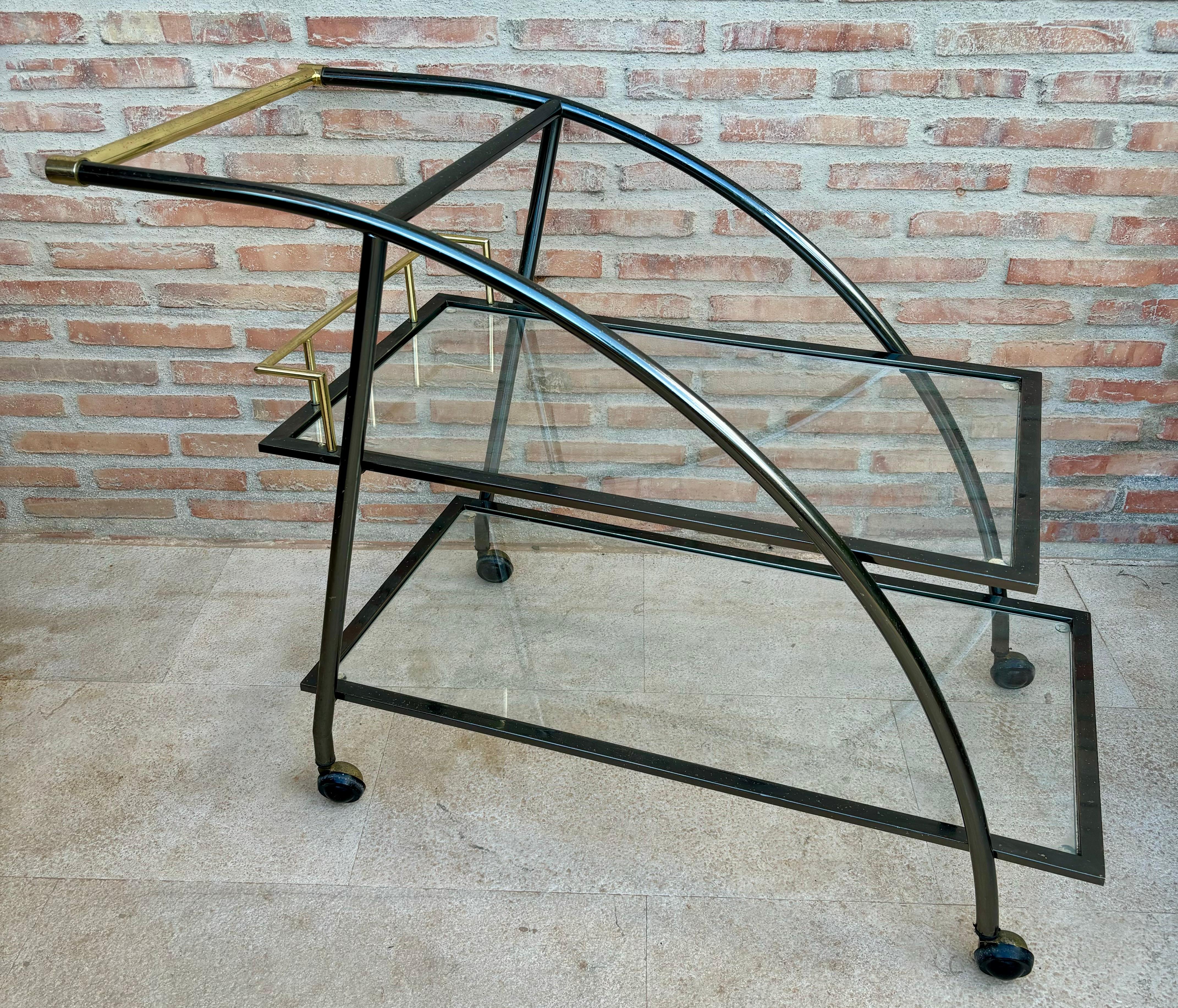 Spanish Vintage Serving Bar Cart in Brass and Glass, 1980s For Sale