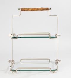 Vintage Serving Stand - Two-Tier - Metal and Glass - Bamboo Handle