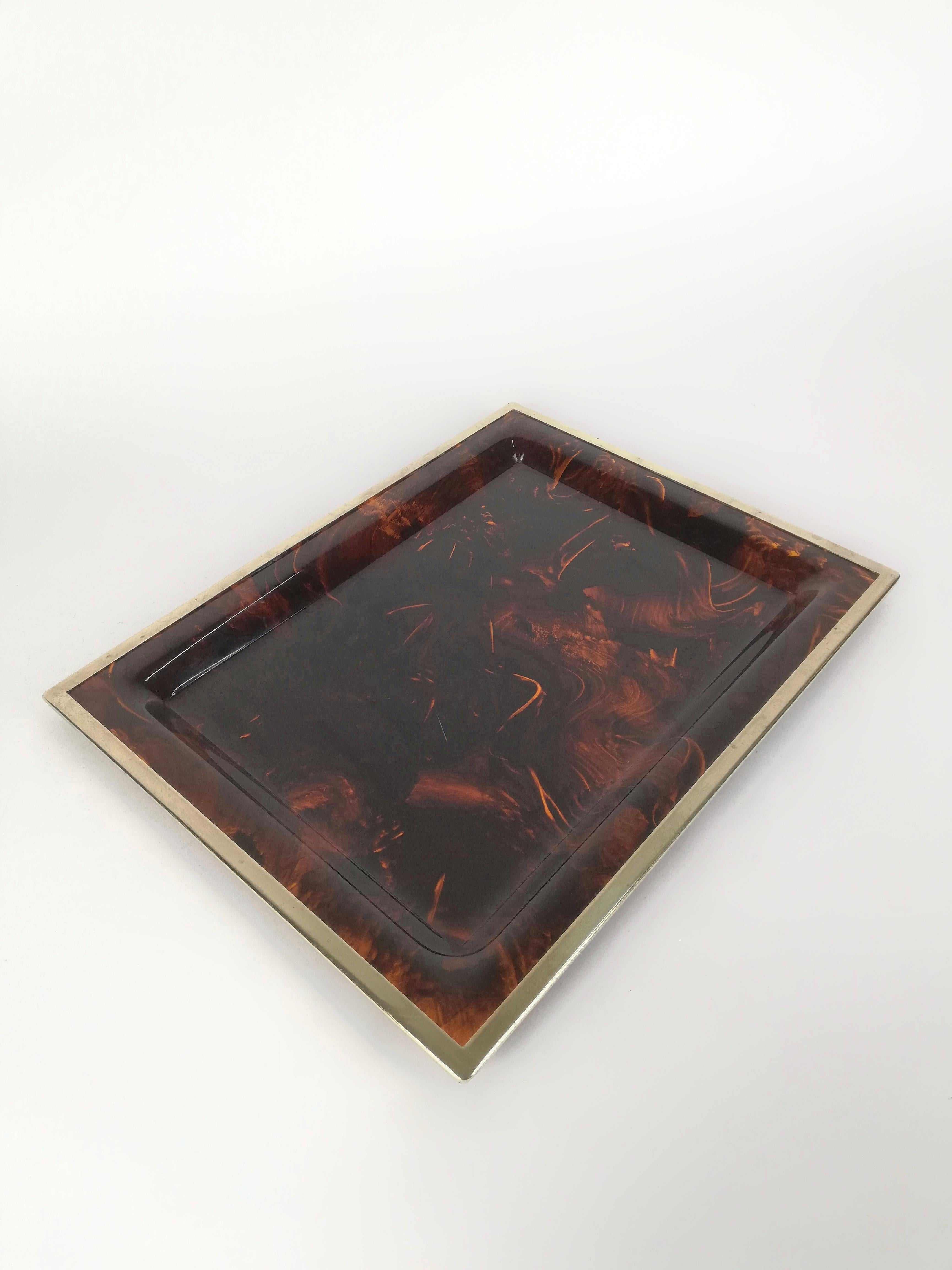 Vintage Serving Tray in Faux Tortoiseshell Acrylic Glass and Brass, Italy 1970s For Sale 6