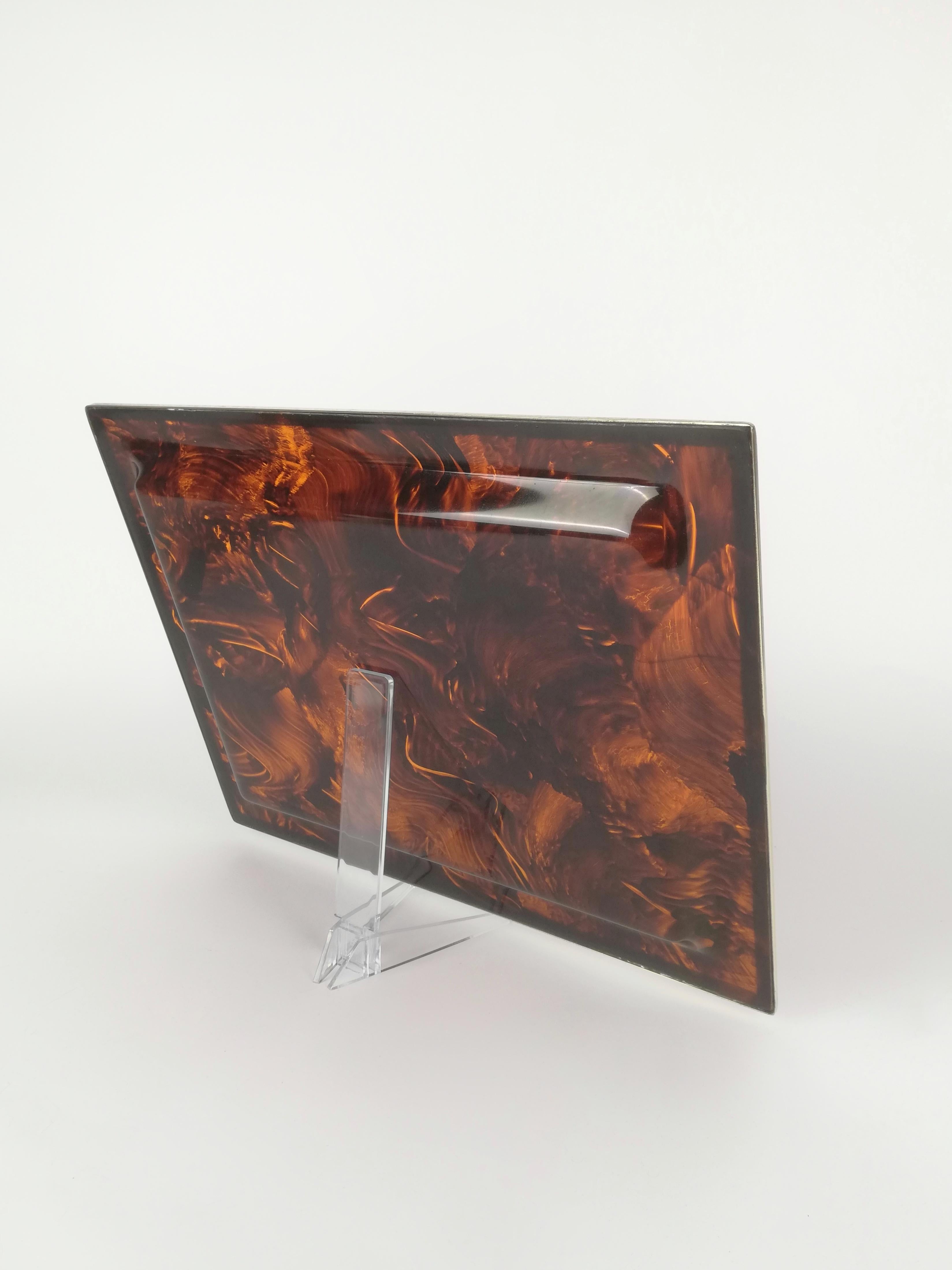 Vintage Serving Tray in Faux Tortoiseshell Acrylic Glass and Brass, Italy 1970s For Sale 2
