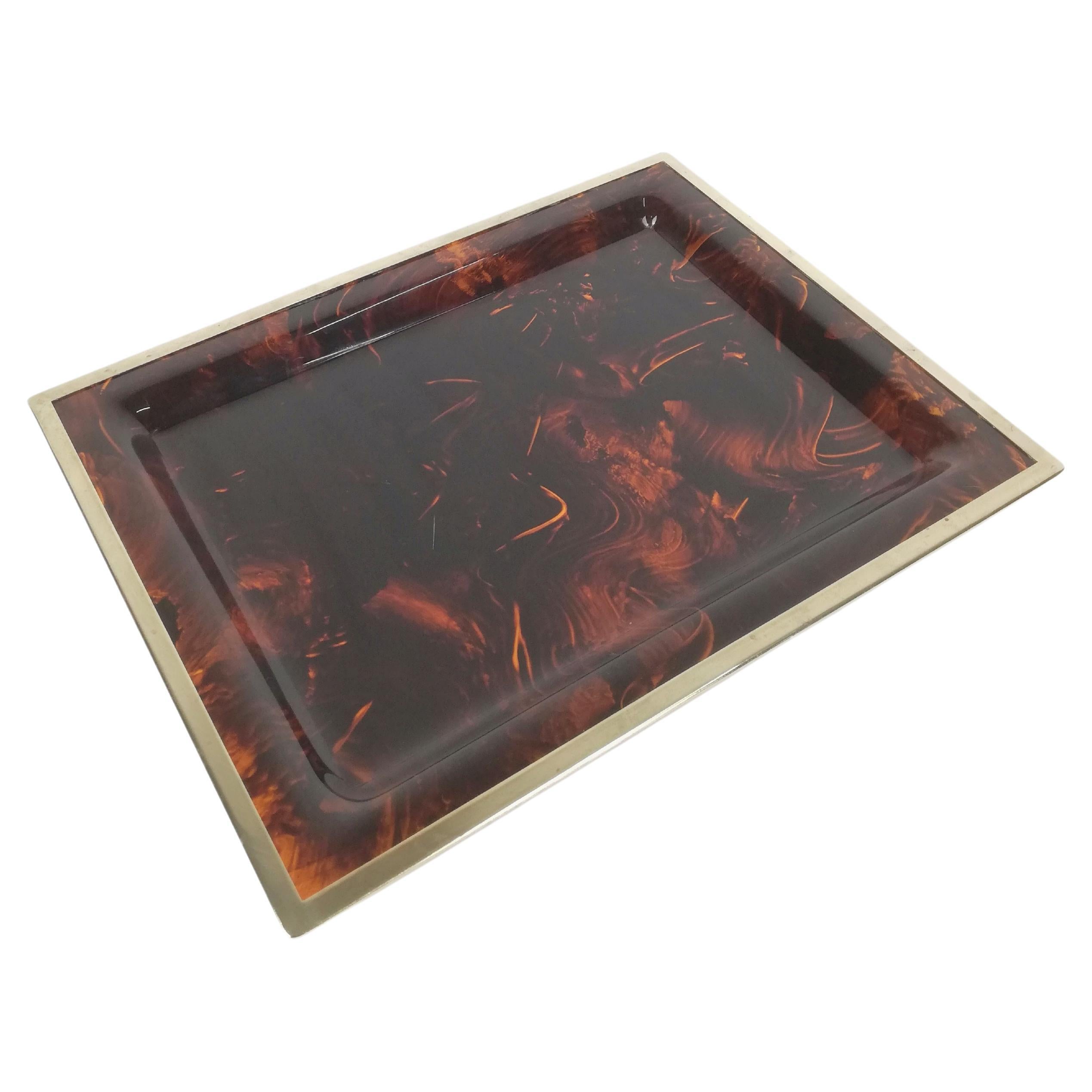 Vintage Serving Tray in Faux Tortoiseshell Acrylic Glass and Brass, Italy 1970s