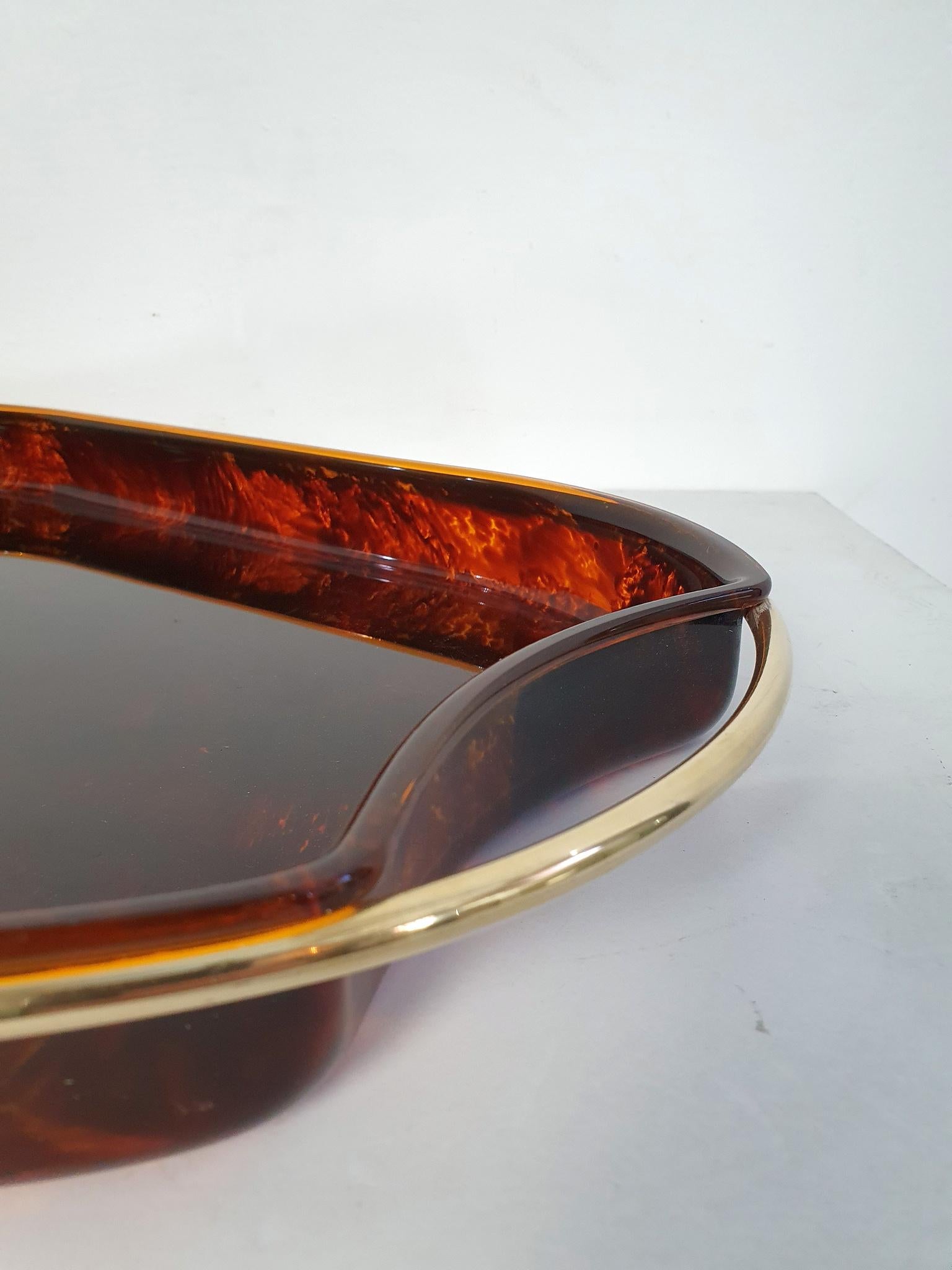 20th Century Vintage Serving Tray in Lucite Tortoise and Brass, Italy For Sale