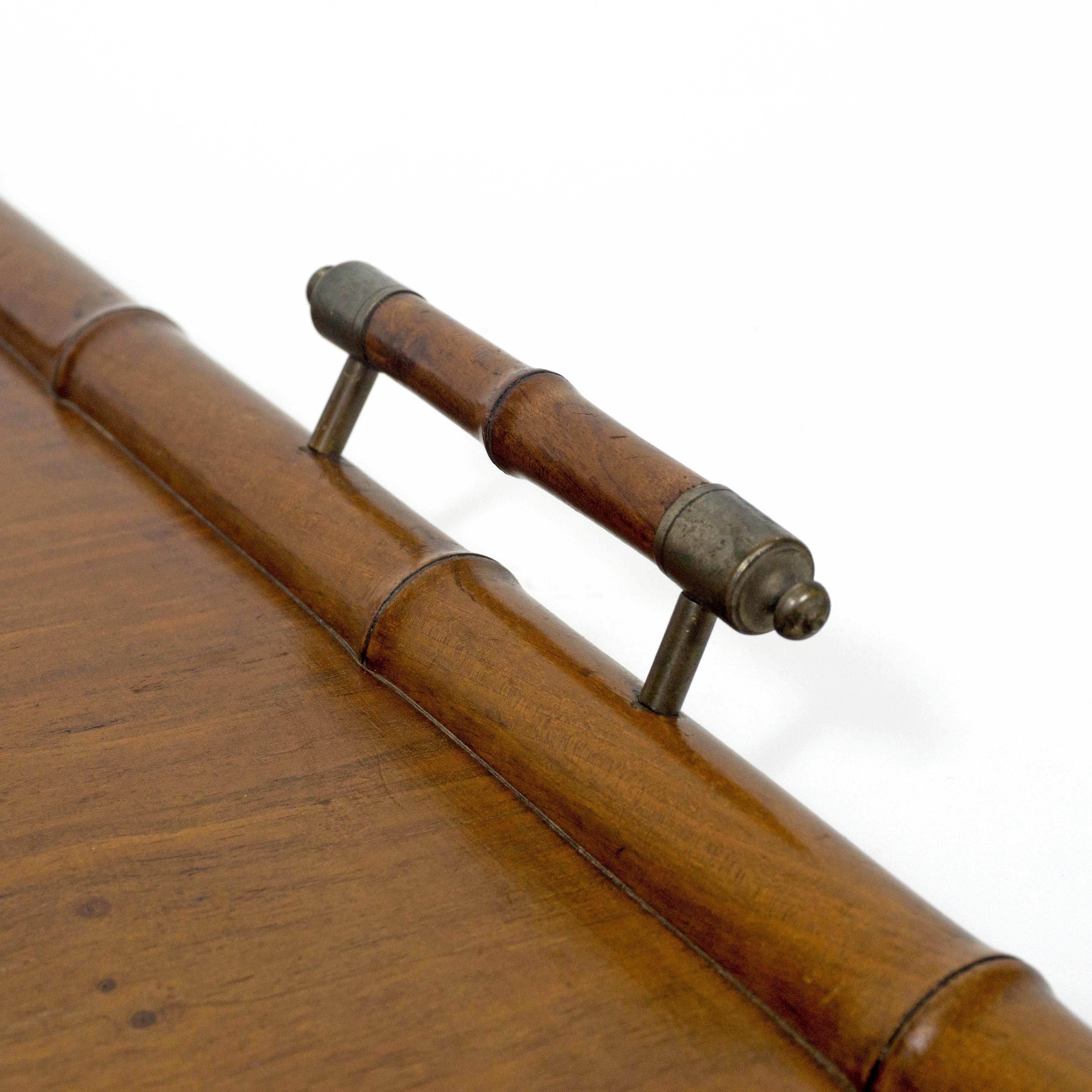 Vintage Serving Tray Wood Faux Bamboo Frame & Metal Details, early 20th Century In Good Condition In Regensburg, DE
