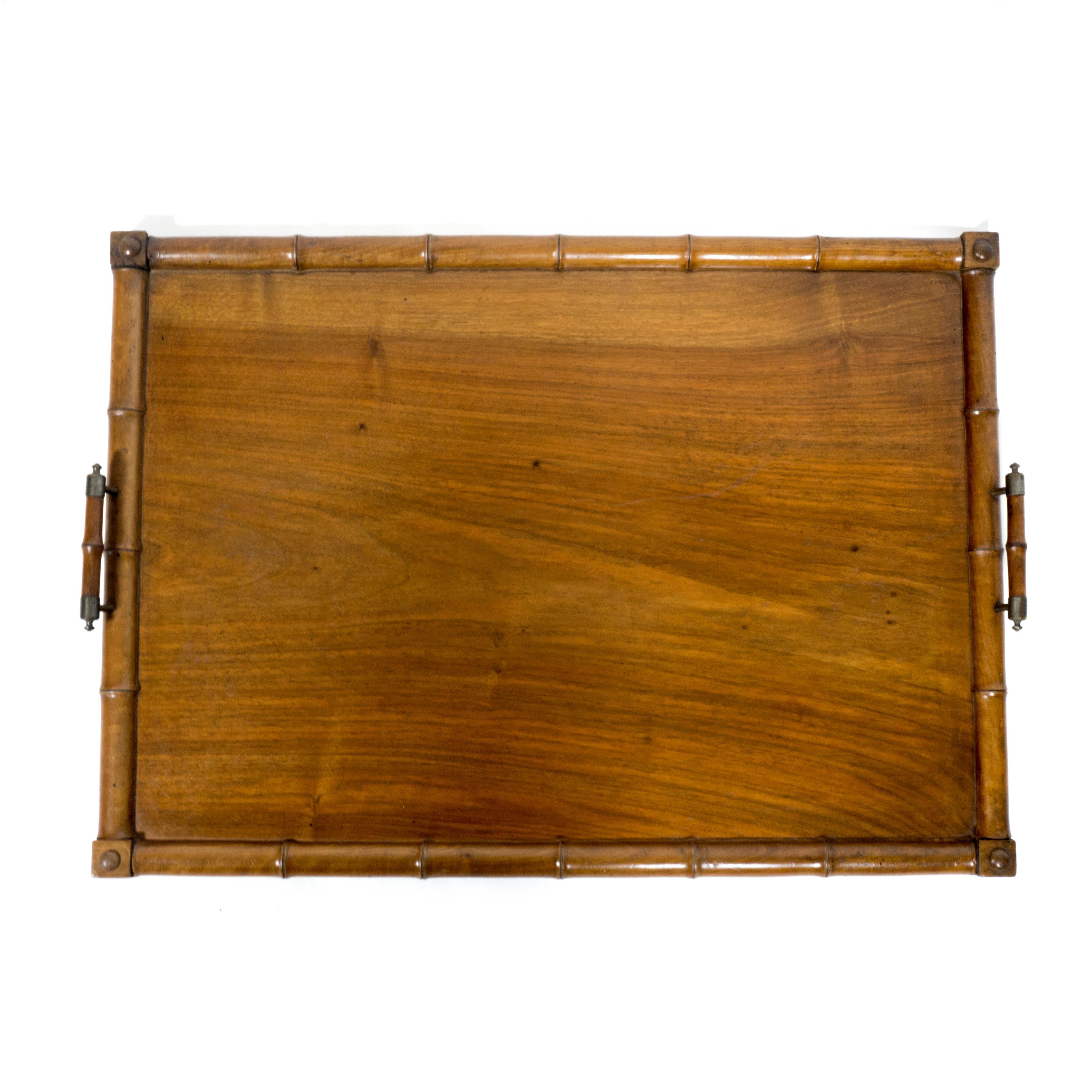 Vintage Serving Tray Wood Faux Bamboo Frame & Metal Details, early 20th Century 2