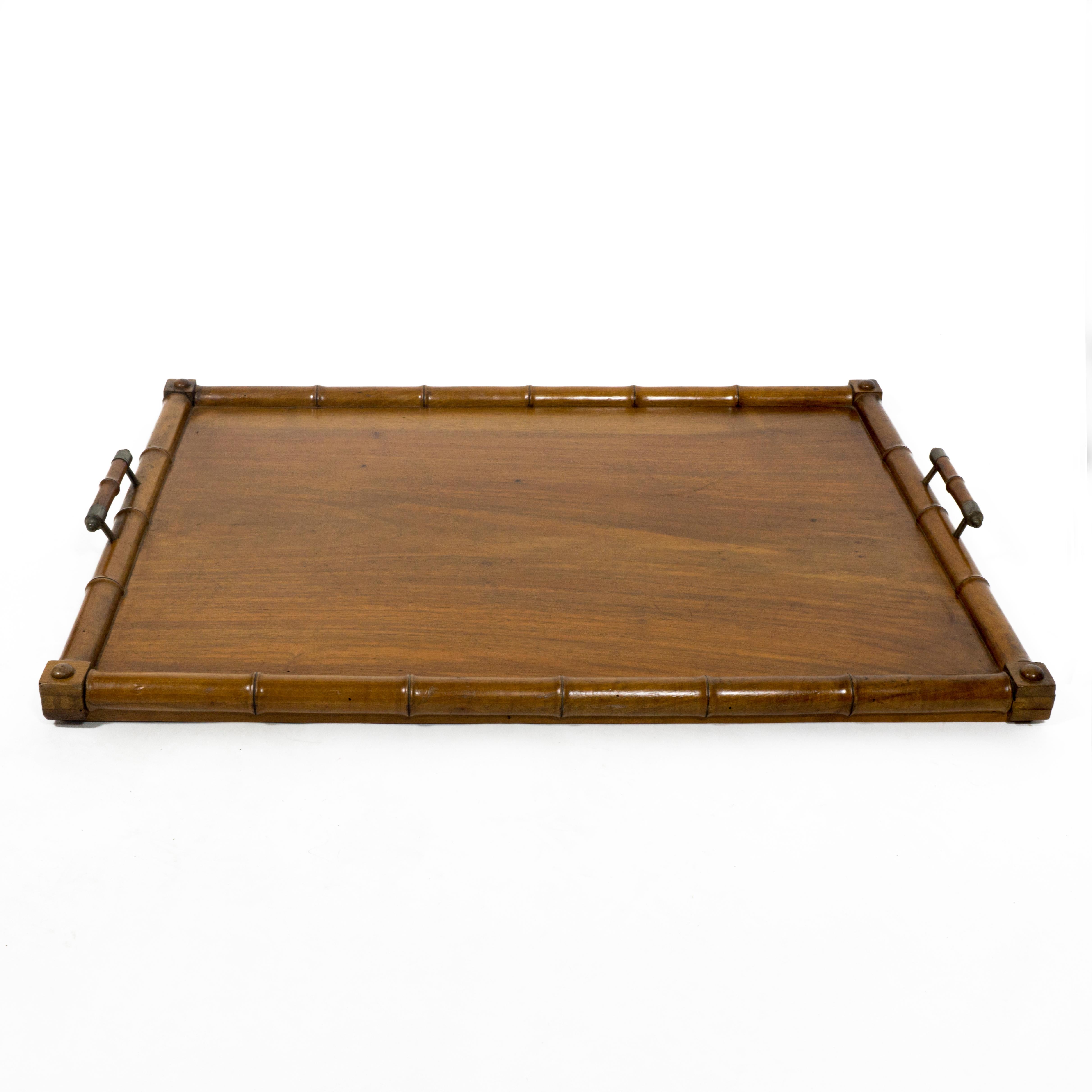 Vintage Serving Tray Wood Faux Bamboo Frame & Metal Details, early 20th Century 3
