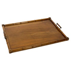 Antique Serving Tray Wood Faux Bamboo Frame & Metal Details, early 20th Century