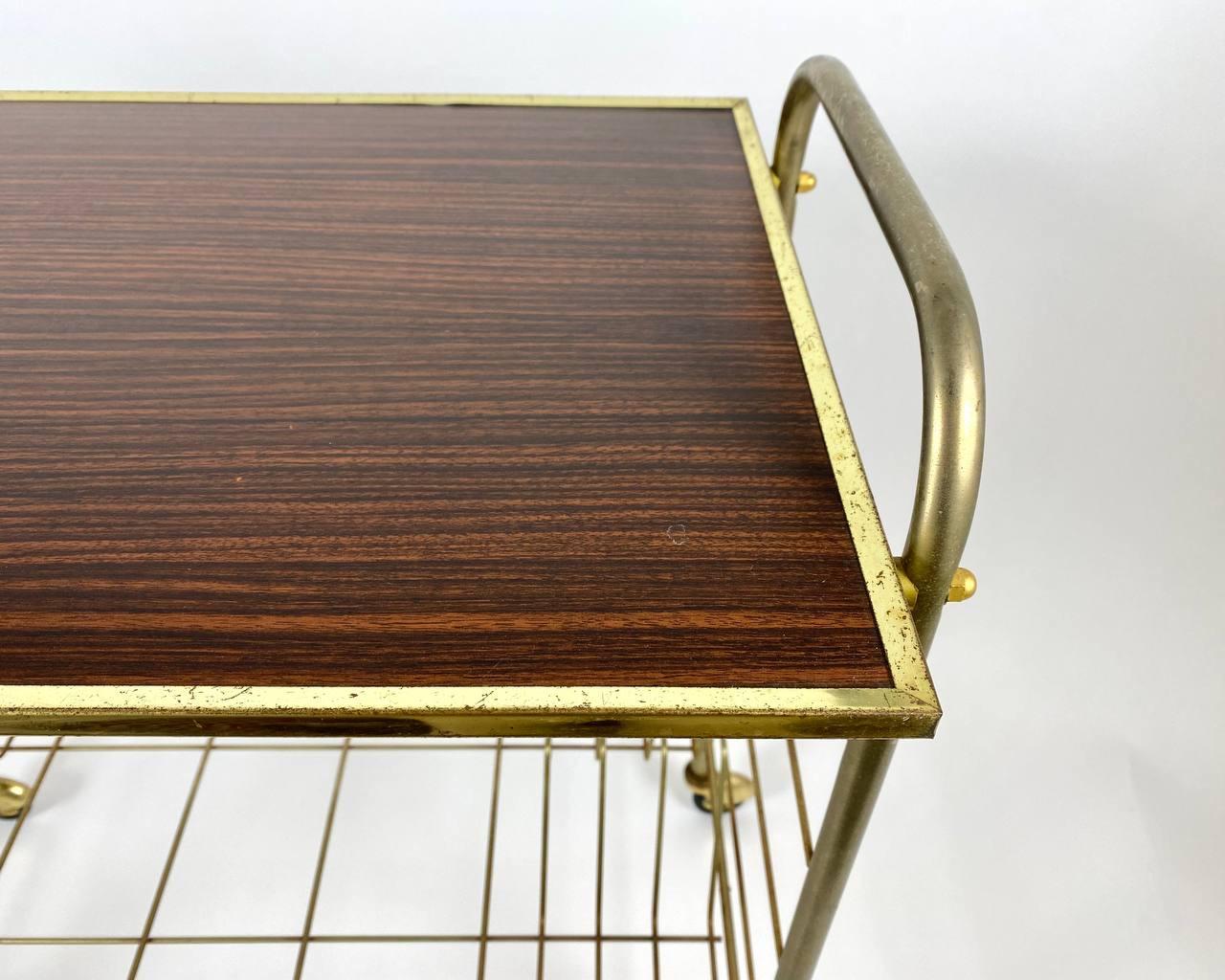 Vintage Serving Trolley in Gilt Brass on Wheels, Germany, 1970s In Good Condition In Bastogne, BE