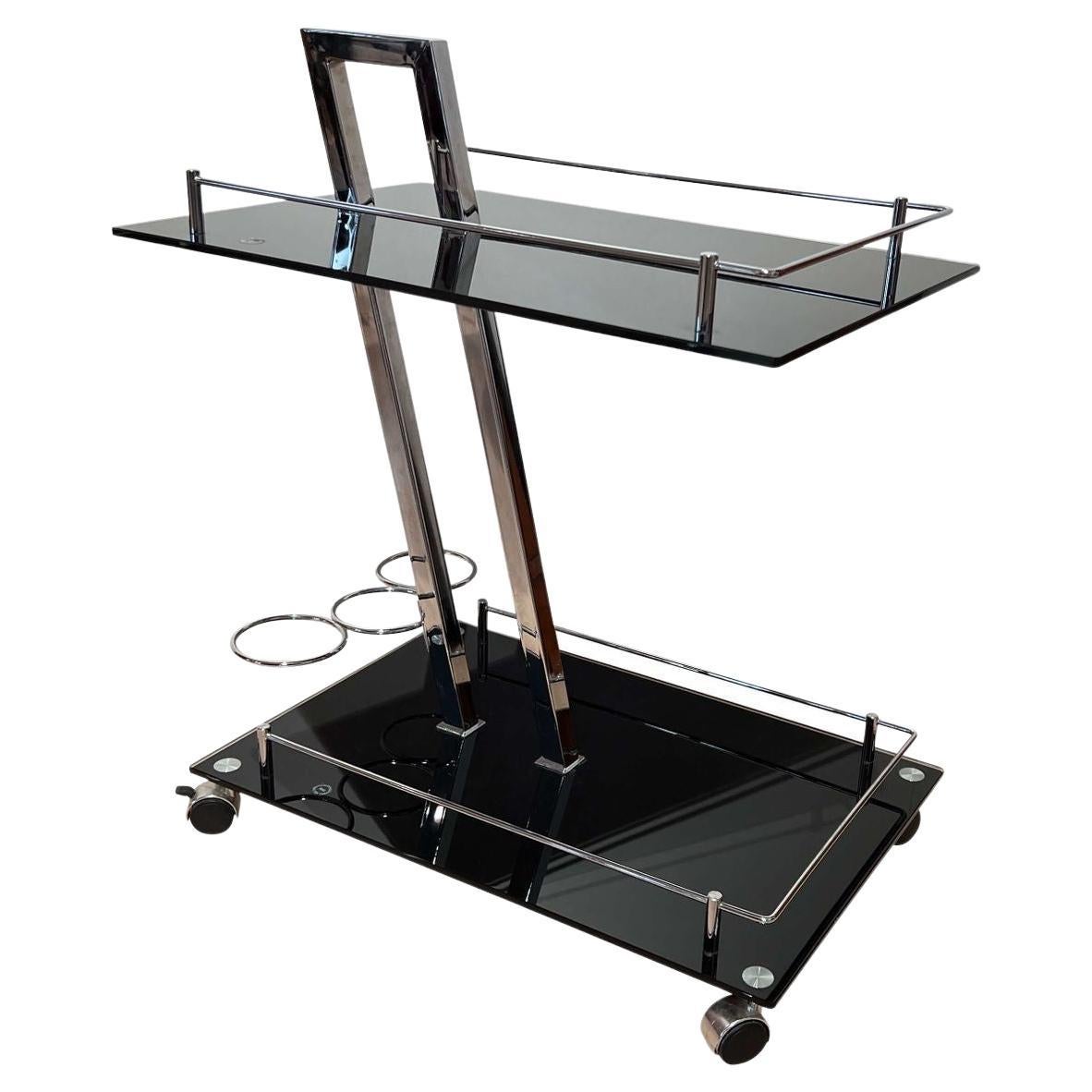 Vintage Serving Trolley or Bar Cart, Black Glass and Chrome, Italy, 1970s For Sale