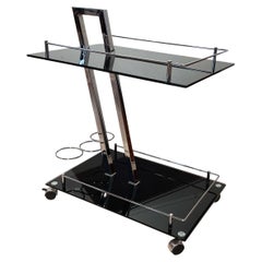 Vintage Serving Trolley or Bar Cart, Black Glass and Chrome, Italy, 1970s