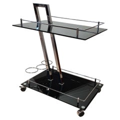 Retro Serving Trolley or Bar Cart, Black Glass and Chrome, Italy, 1970s