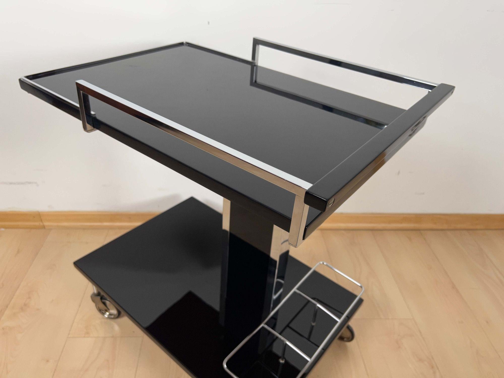 Vintage Serving Trolley or Bar Cart, Black Lacquer and Chrome, Germany