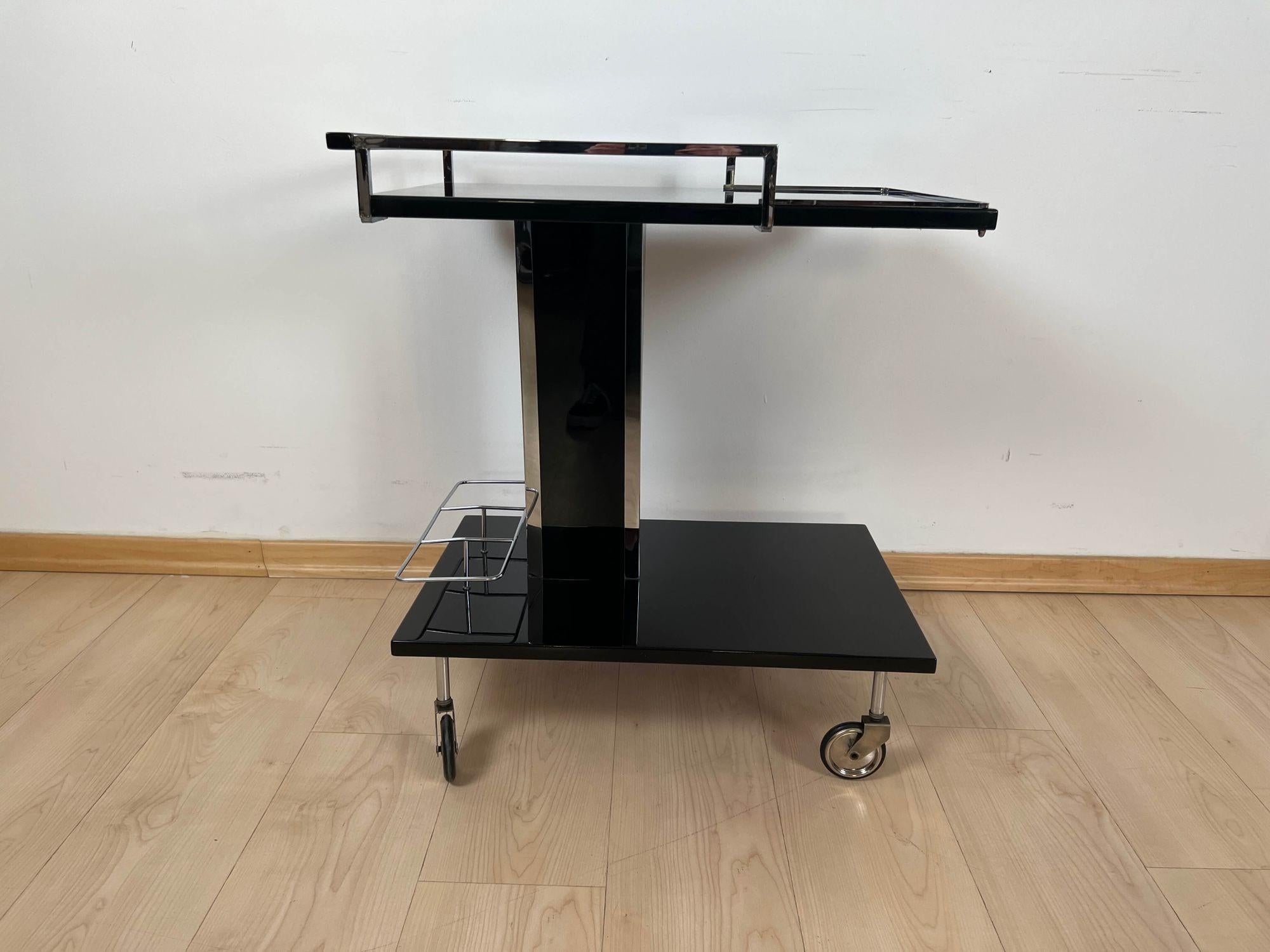 Modern Vintage Serving Trolley or Bar Cart, Black Lacquer and Chrome, Germany, 1970s