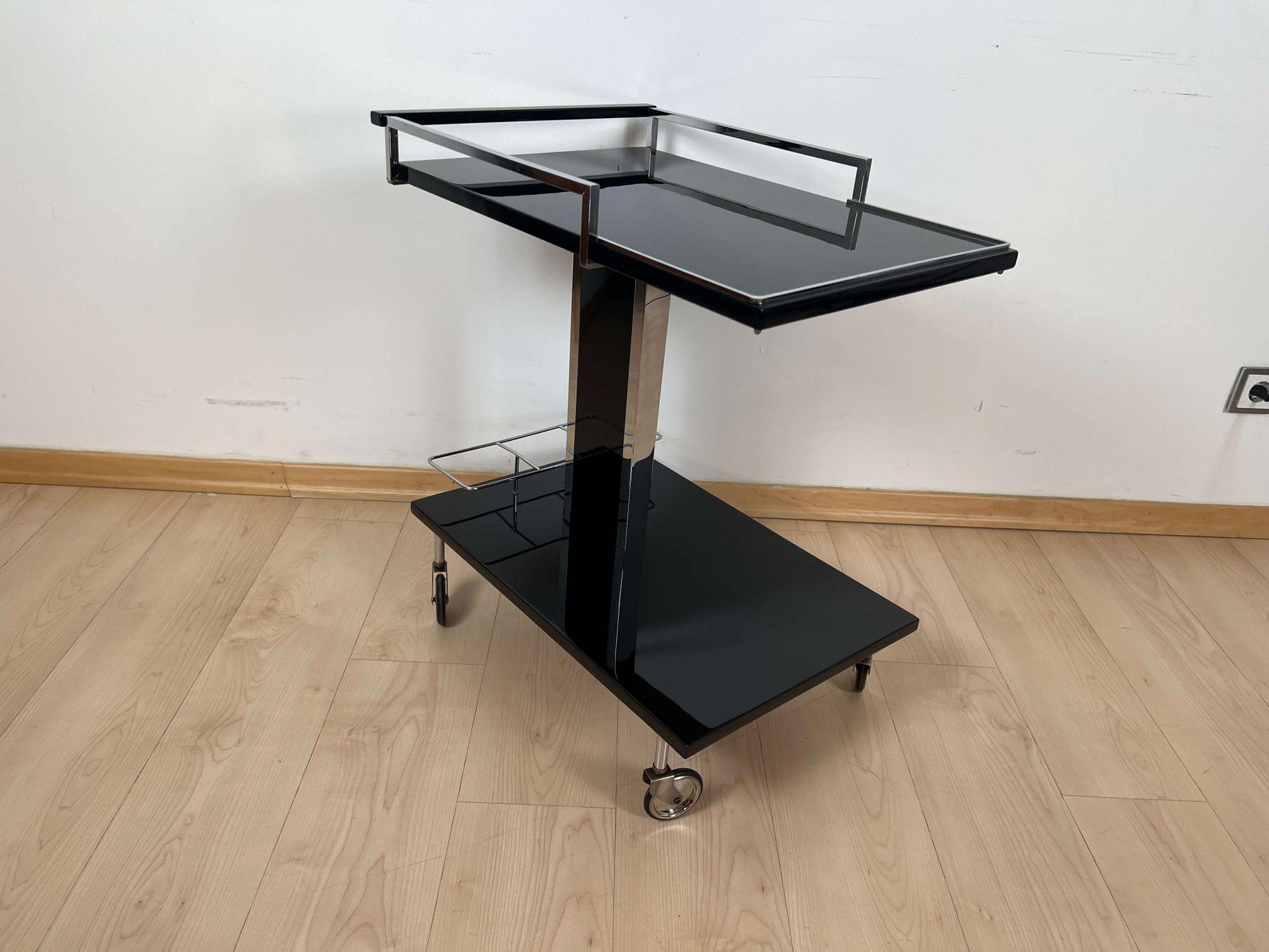 Lacquered Vintage Serving Trolley or Bar Cart, Black Lacquer and Chrome, Germany, 1970s