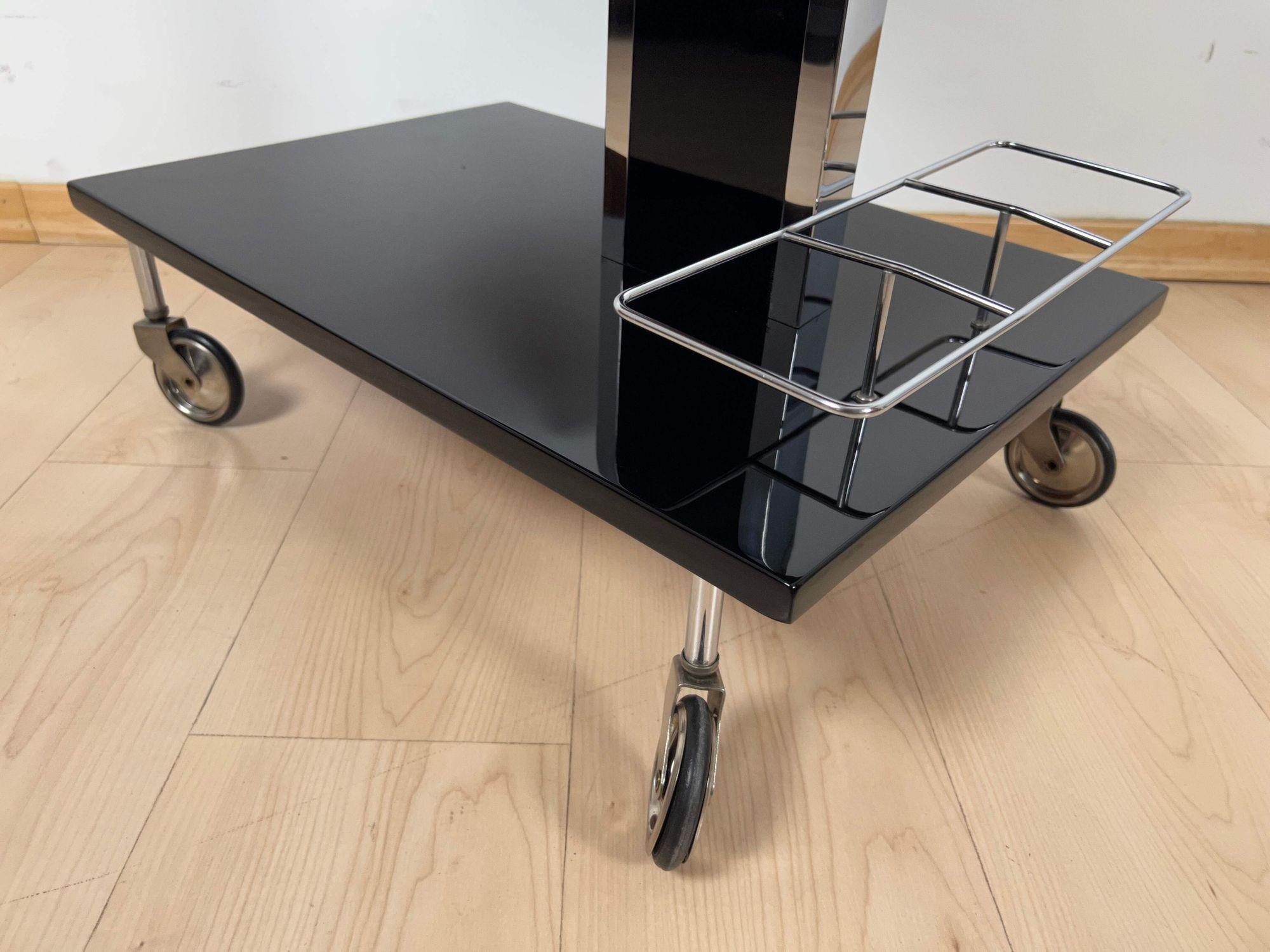 Vintage Serving Trolley or Bar Cart, Black Lacquer and Chrome, Germany, 1970s 2