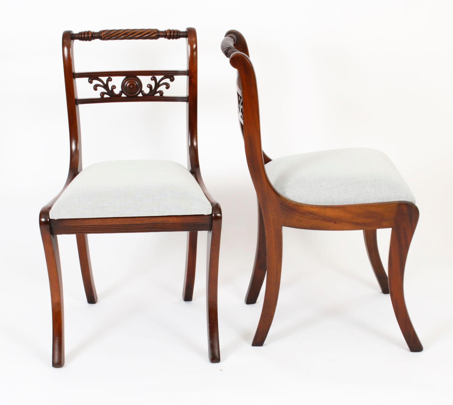 An absolutely fantastic Vintage set of ten Regency Revival dining chairs dating from the second half of the  20th Century.

These chairs have been masterfully crafted in beautiful solid flame mahogany throughout and the finish and attention to
