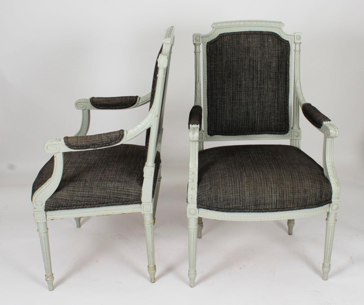 Vintage Set 10 Louis XVI Revival Blue Grey Painted Dining Chairs 20th Century For Sale 6