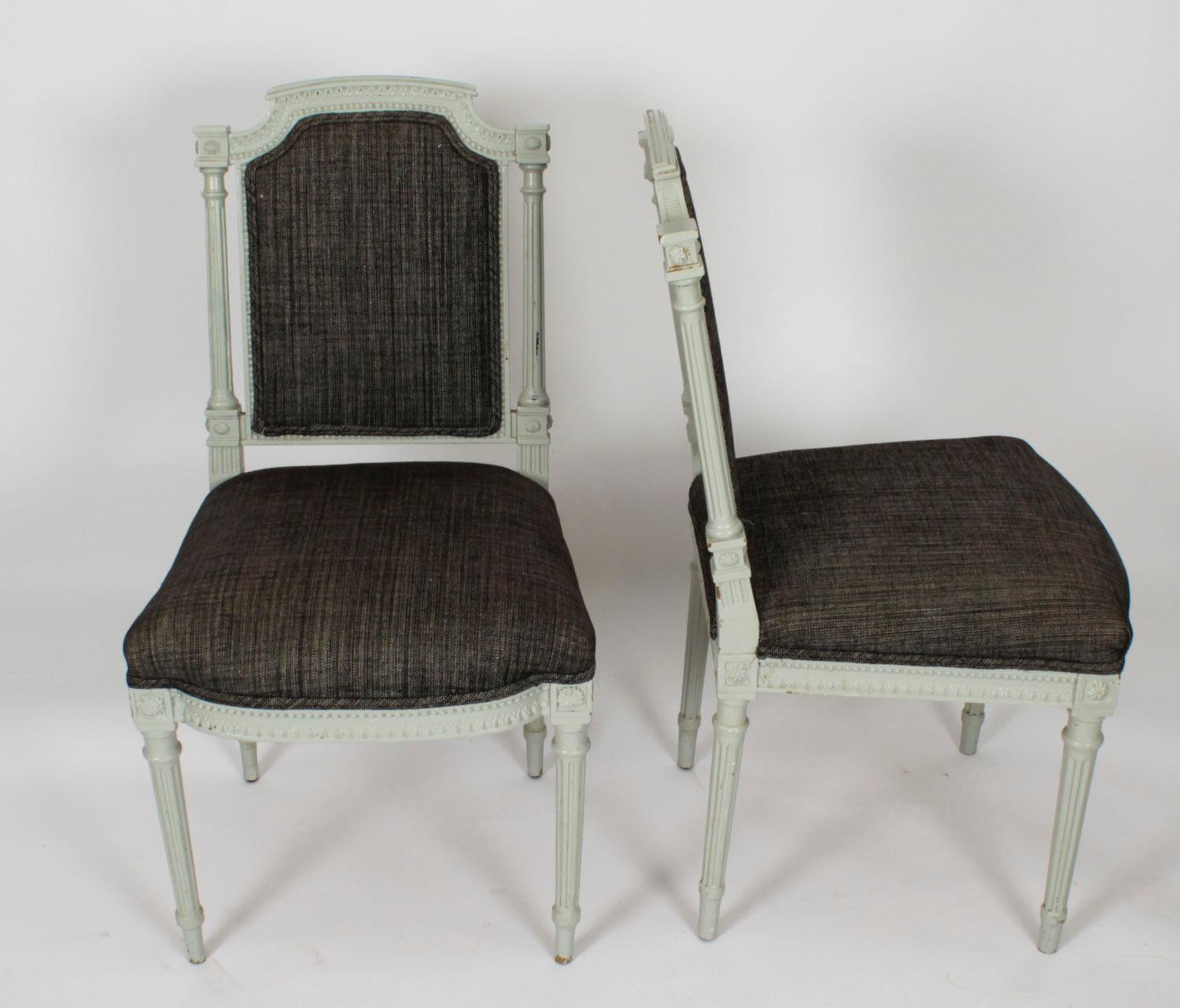 An absolutely fantastic set of 10 vintage Louis XVI Revival blue-grey painted dining  chairs.

These chairs have been masterfully crafted in beautiful solid beech and the finish and attention to detail on display are truly breathtaking.

The blue