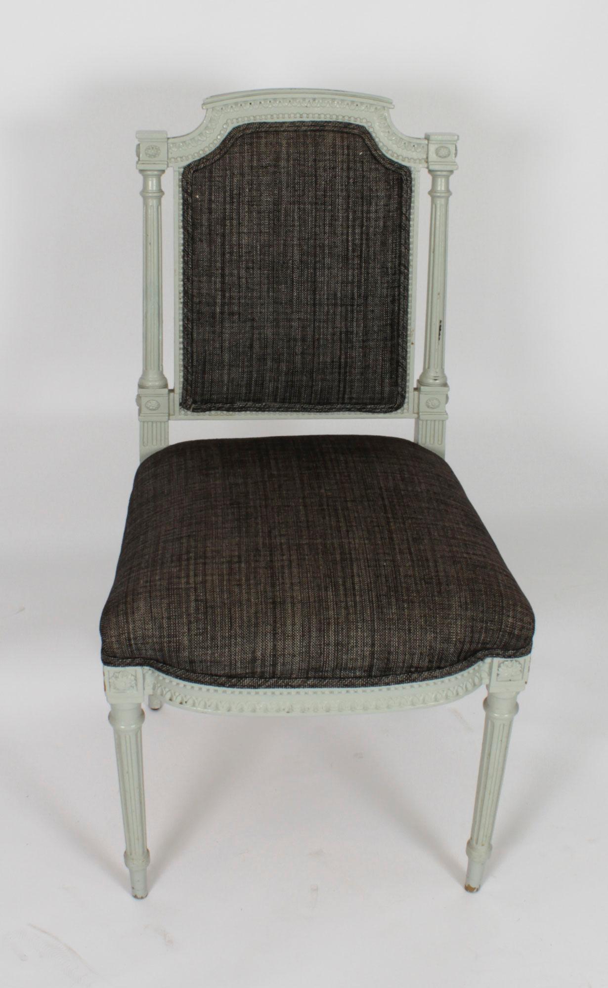 Vintage Set 10 Louis XVI Revival Blue Grey Painted Dining Chairs 20th Century In Good Condition For Sale In London, GB