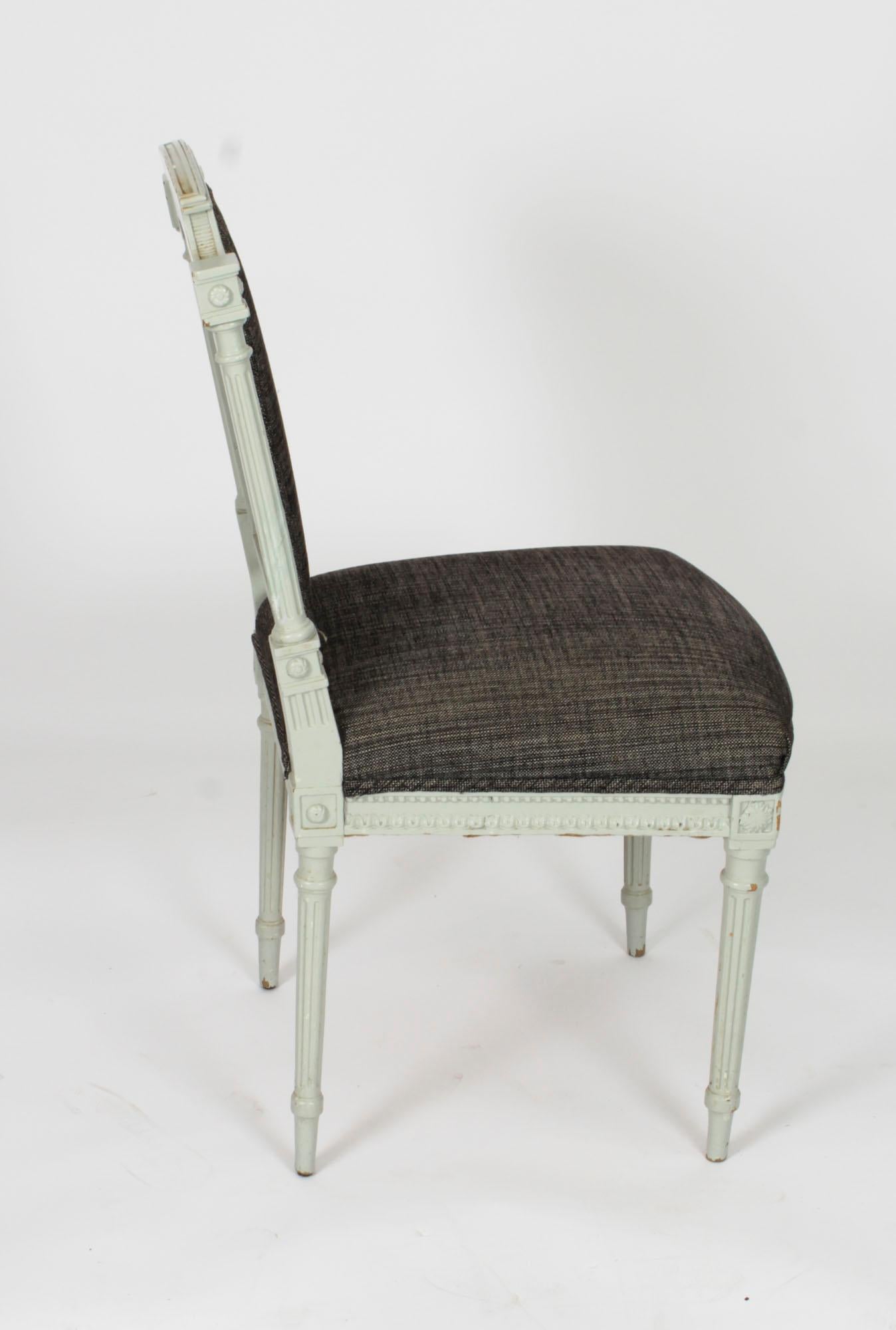 Vintage Set 10 Louis XVI Revival Blue Grey Painted Dining Chairs 20th Century For Sale 4
