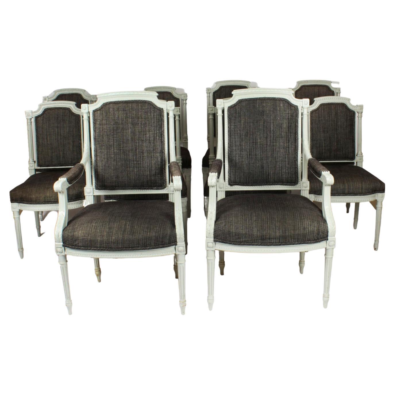 Vintage Set 10 chaises de salle à manger Louis XVI Revive peintes en bleu et gris 20ème siècle en vente
