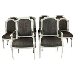 Vintage Set 10 Louis XVI Revival Blue Grey Painted Dining Chairs 20th Century
