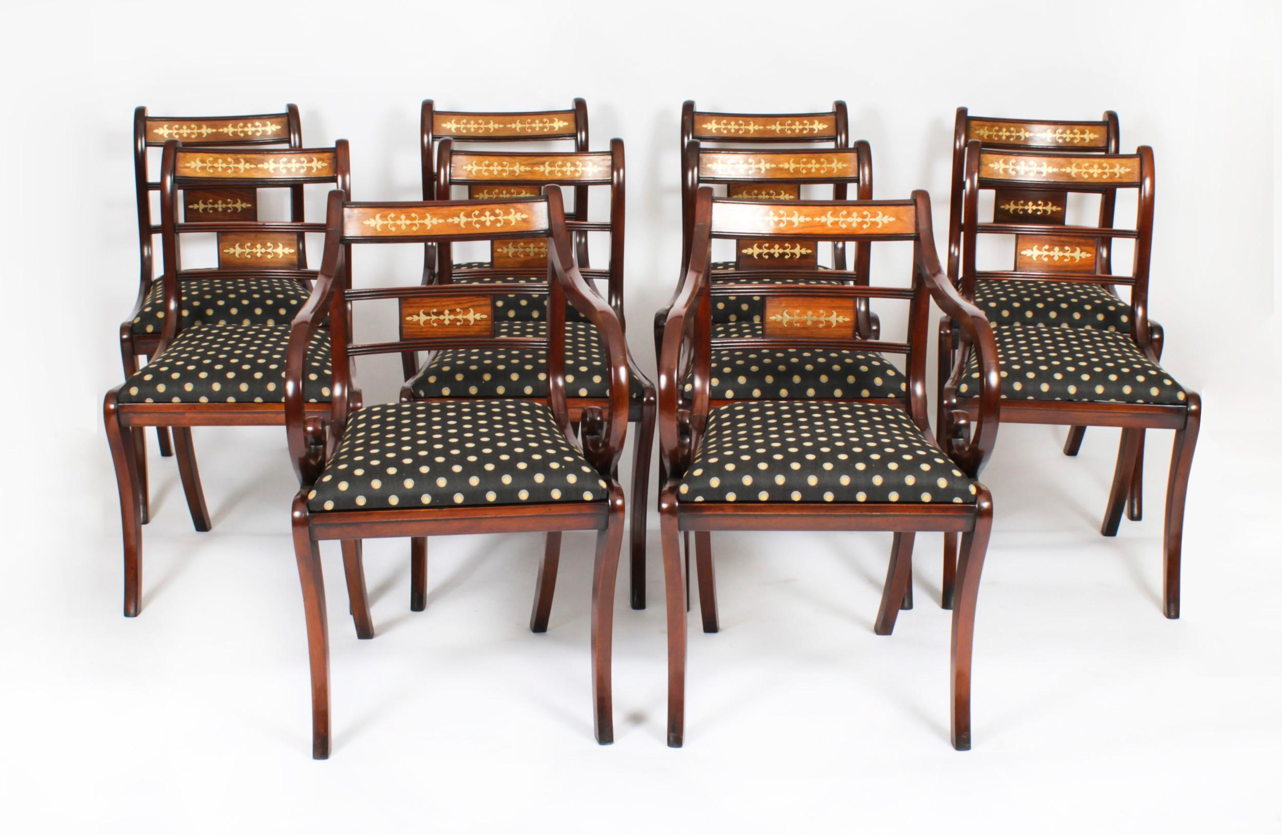 Vintage Set 10 Regency Revival Brass Inlaid Bar Back Dining Chairs 20th C For Sale 14