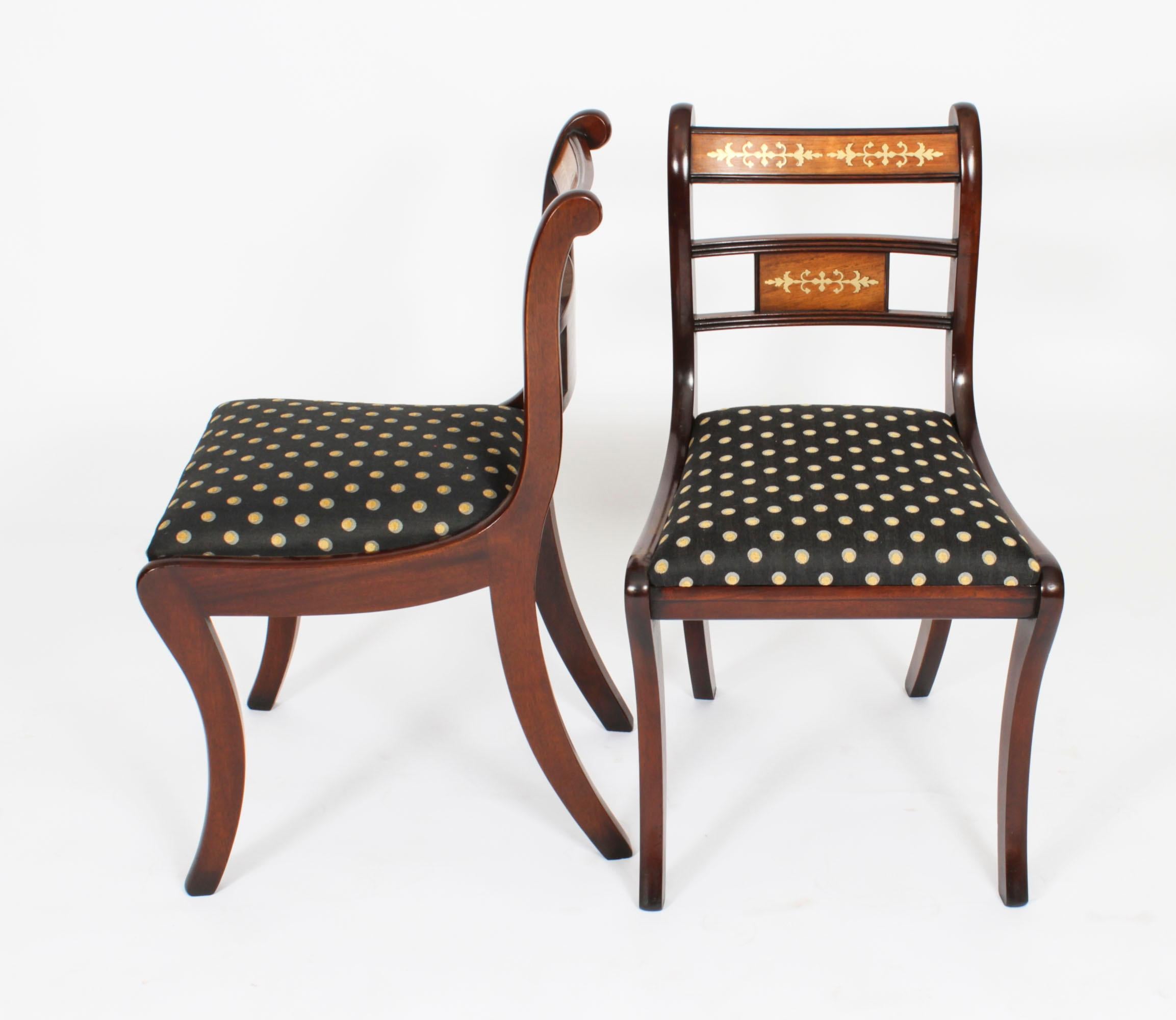 English Vintage Set 10 Regency Revival Brass Inlaid Bar Back Dining Chairs 20th C For Sale