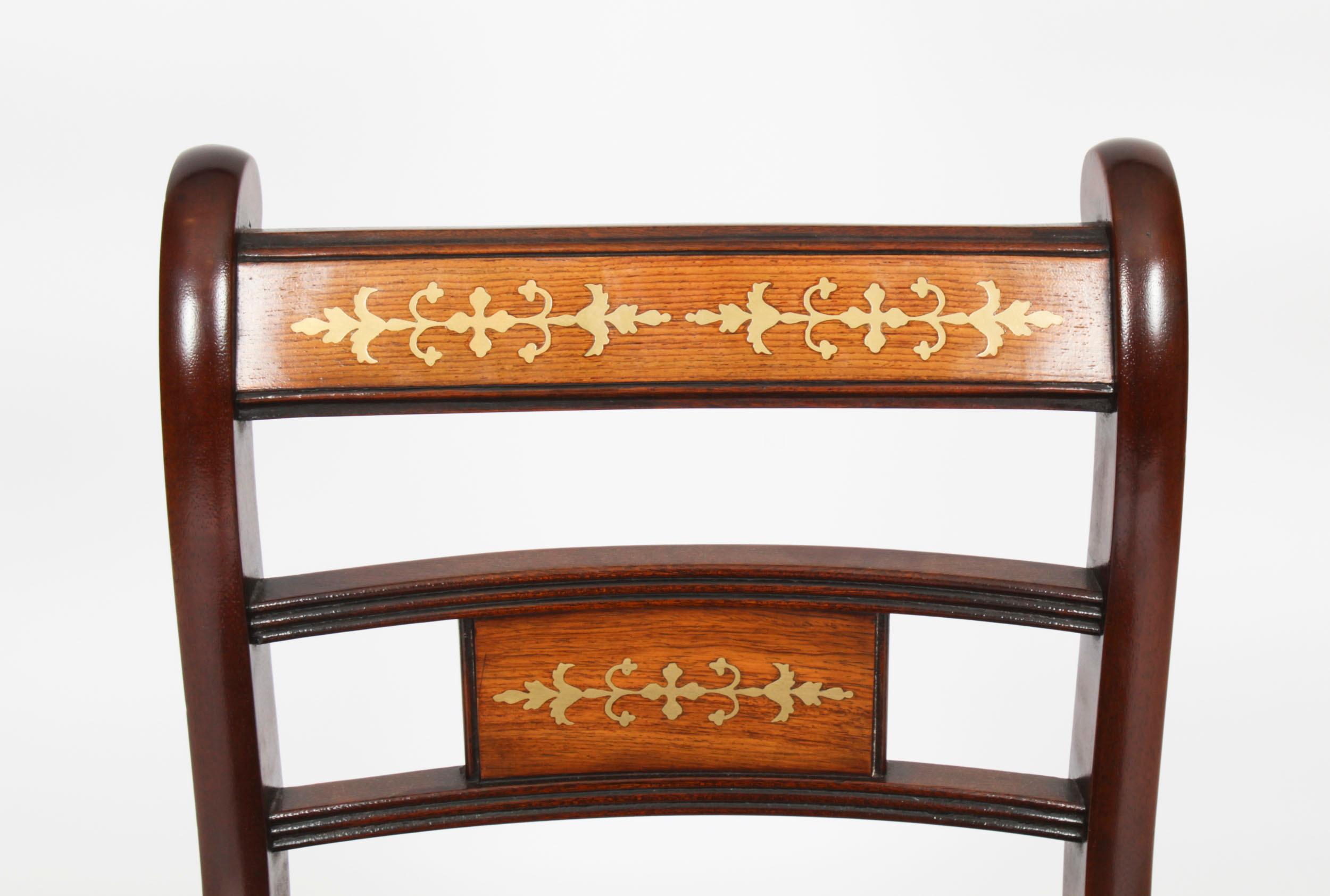 Hand-Crafted Vintage Set 10 Regency Revival Brass Inlaid Bar Back Dining Chairs 20th C For Sale