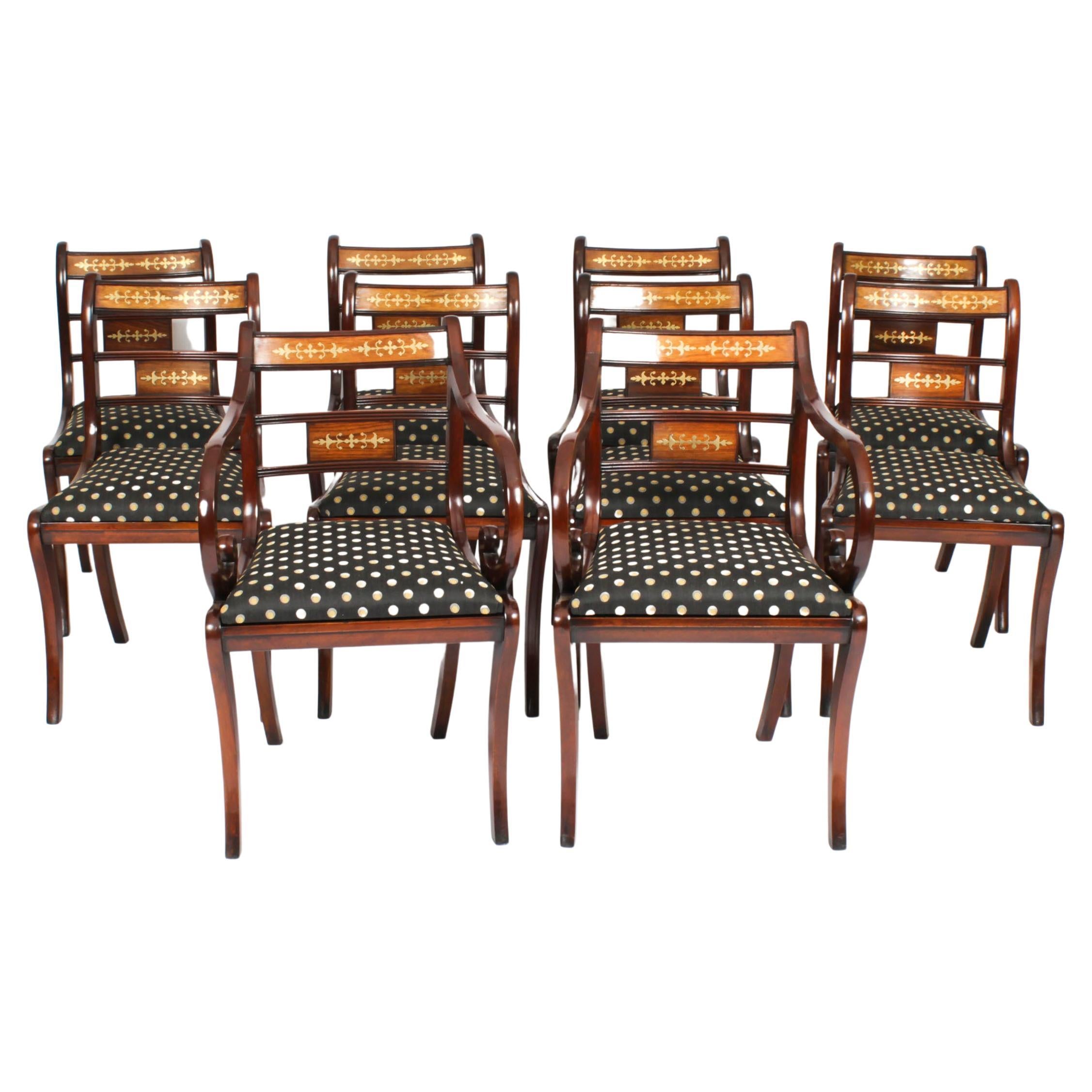 Vintage Set 10 Regency Revival Messing Intarsien Bar zurück Esszimmerstühle 20th C im Angebot