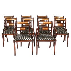 Antique Set 10 Regency Revival Brass Inlaid Bar Back Dining Chairs 20th C