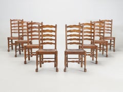 Vintage Set (10) Solid Oak Lightening Back Dining Chairs with Rush Seats c1970's