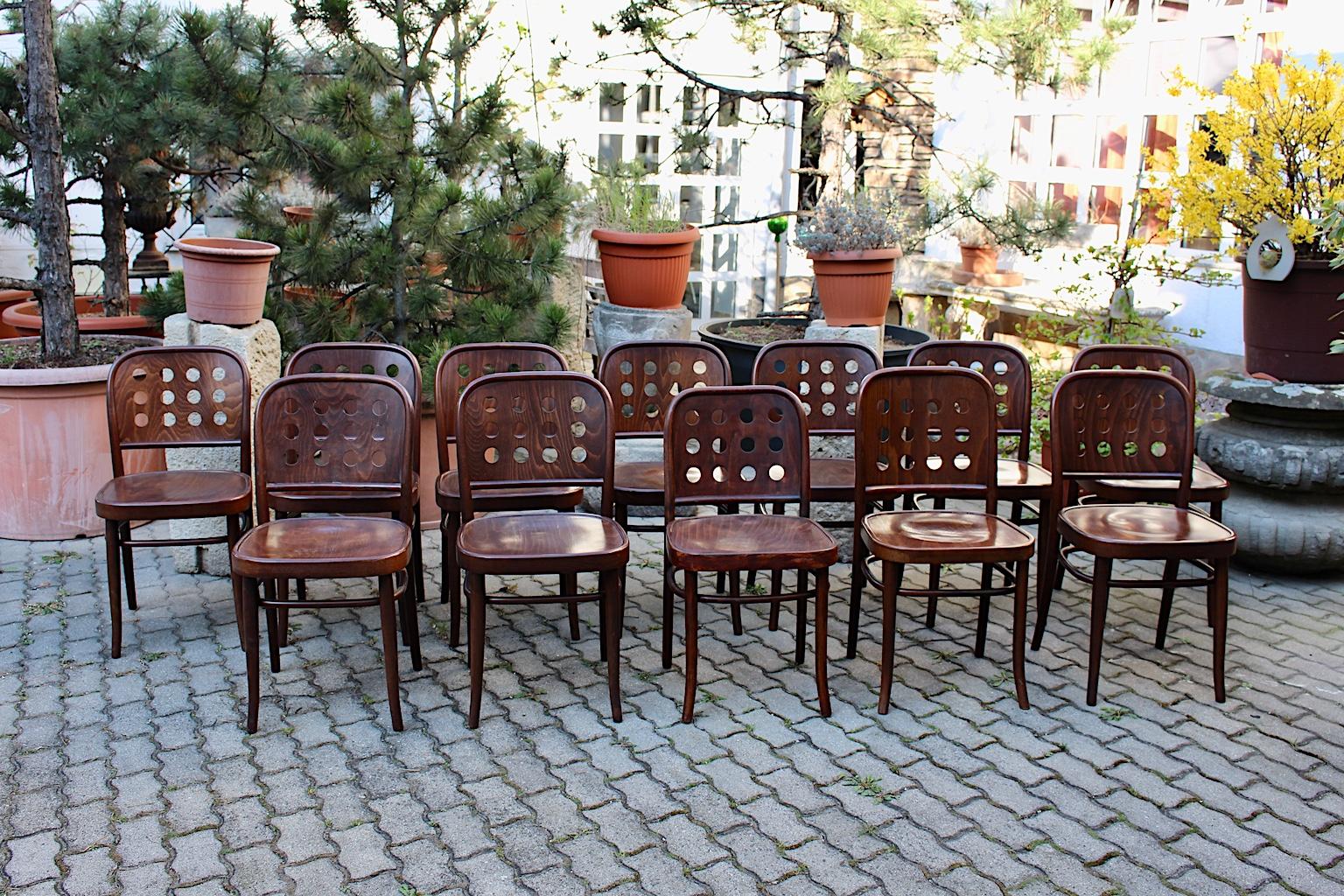 Vintage Set 12 Brown Beech Bentwood Dining Chairs Style Josef Hoffmann 1990s 2