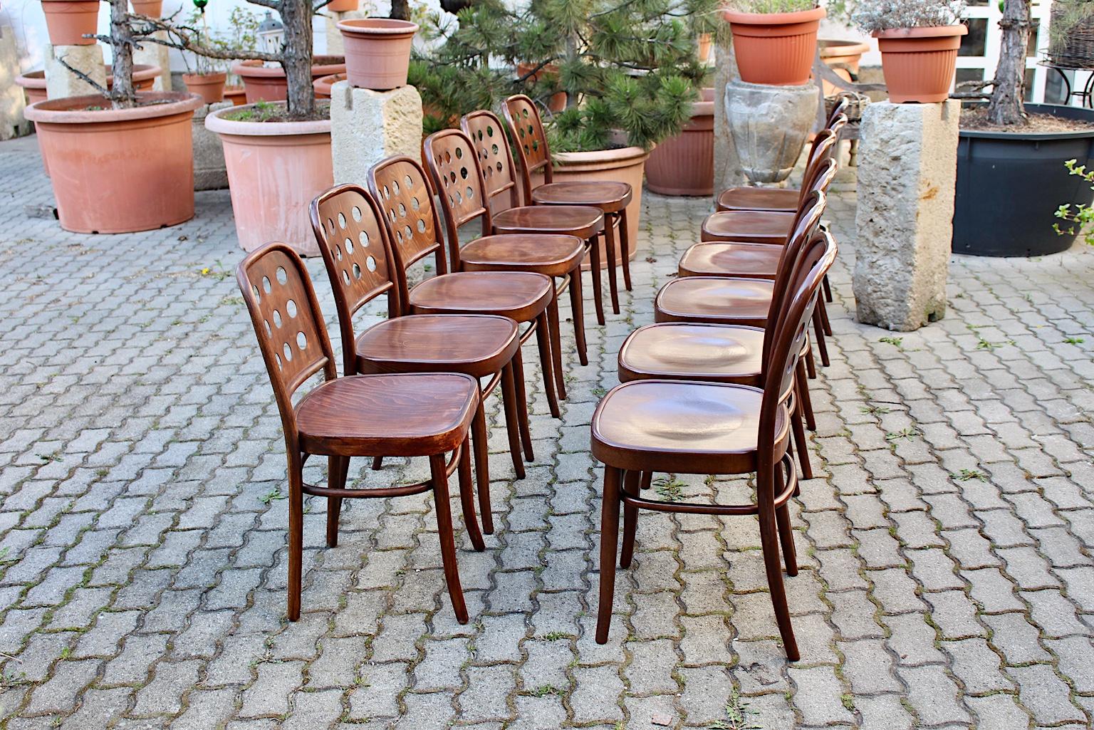 Austrian Vintage Set 12 Brown Beech Bentwood Dining Chairs Style Josef Hoffmann 1990s