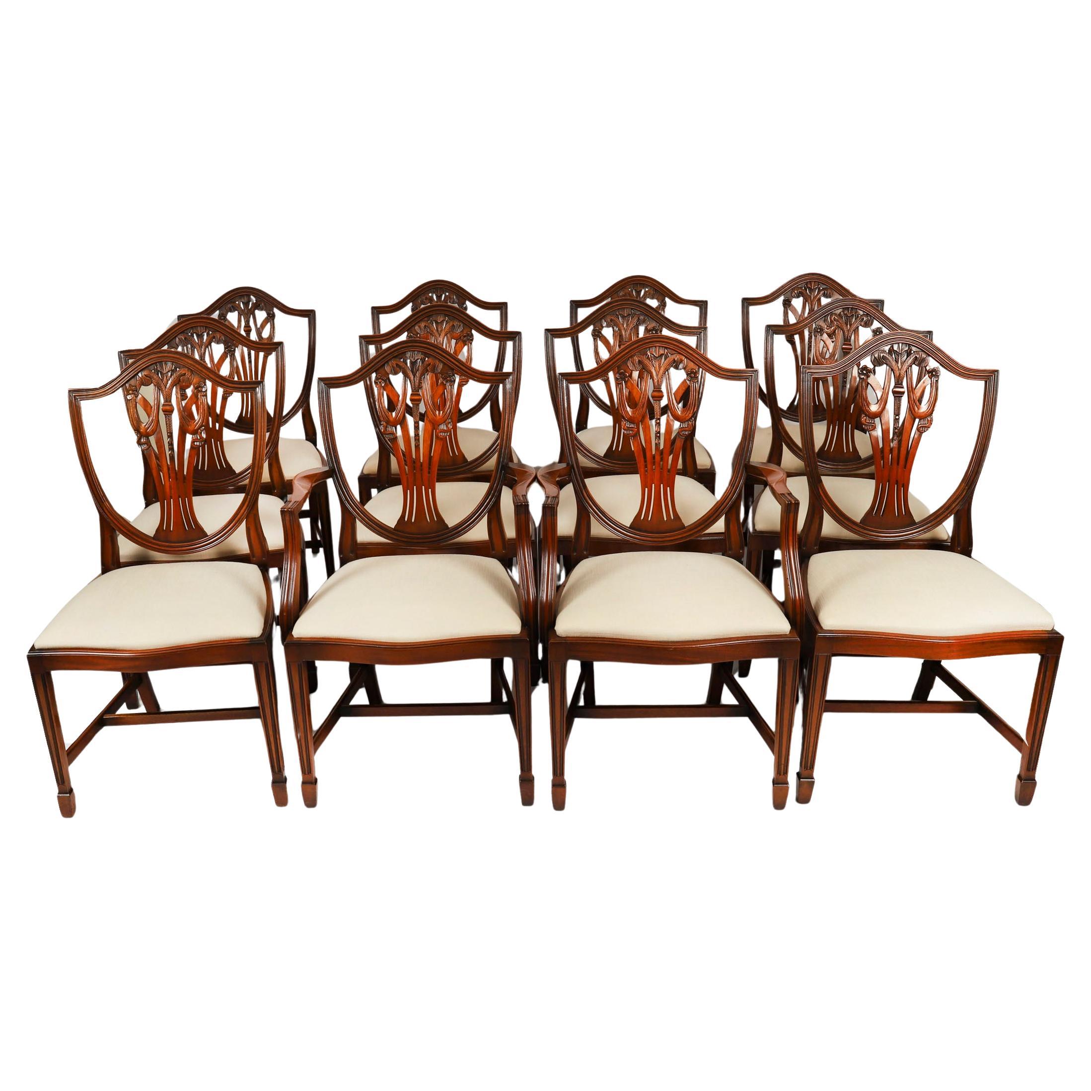 Vintage Set 12 English Hepplewhite Revival Dining Chairs 20th Century