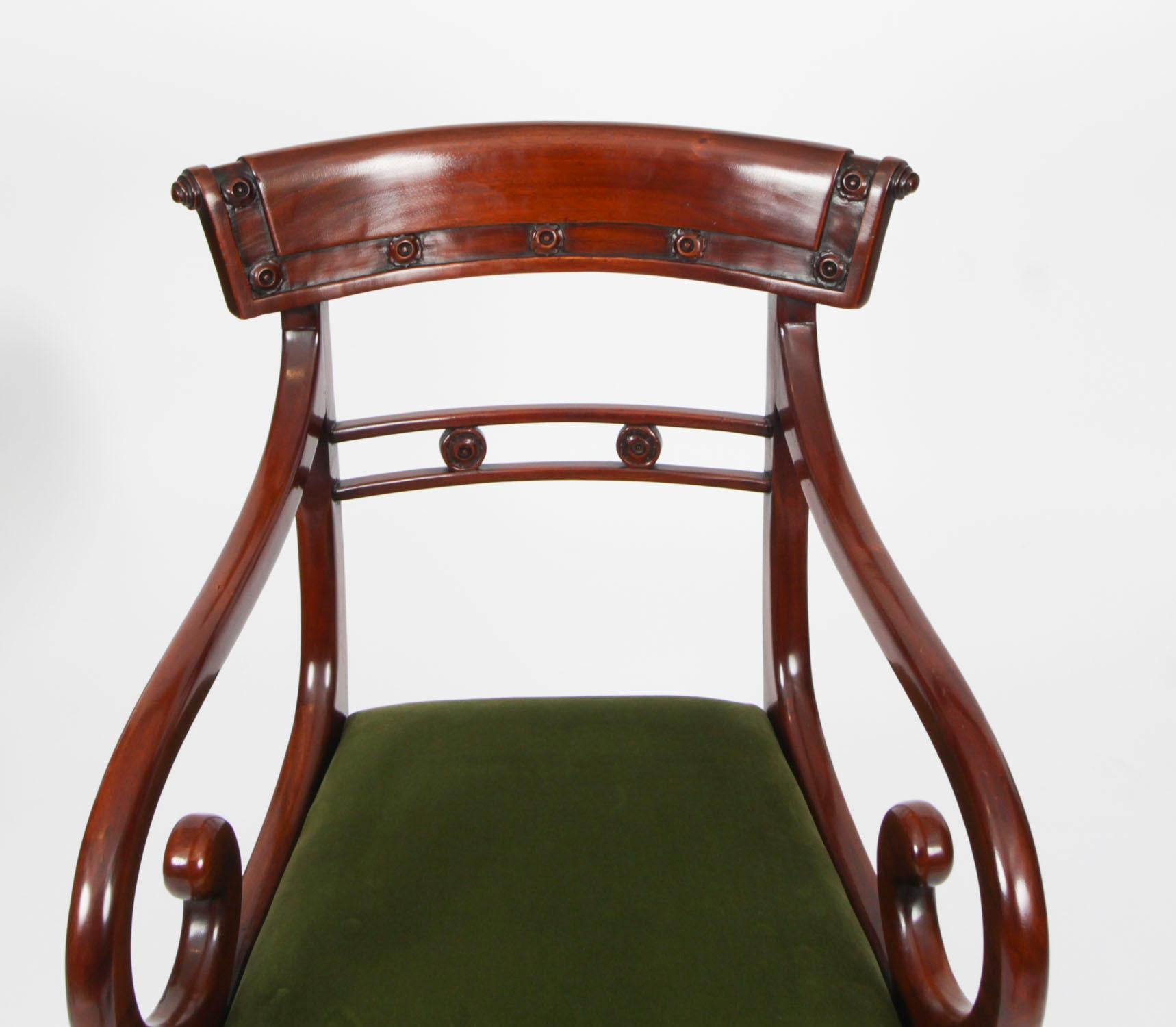Velvet Vintage Set 12 English Regency Revival Bar Back Dining Chairs 20th Century