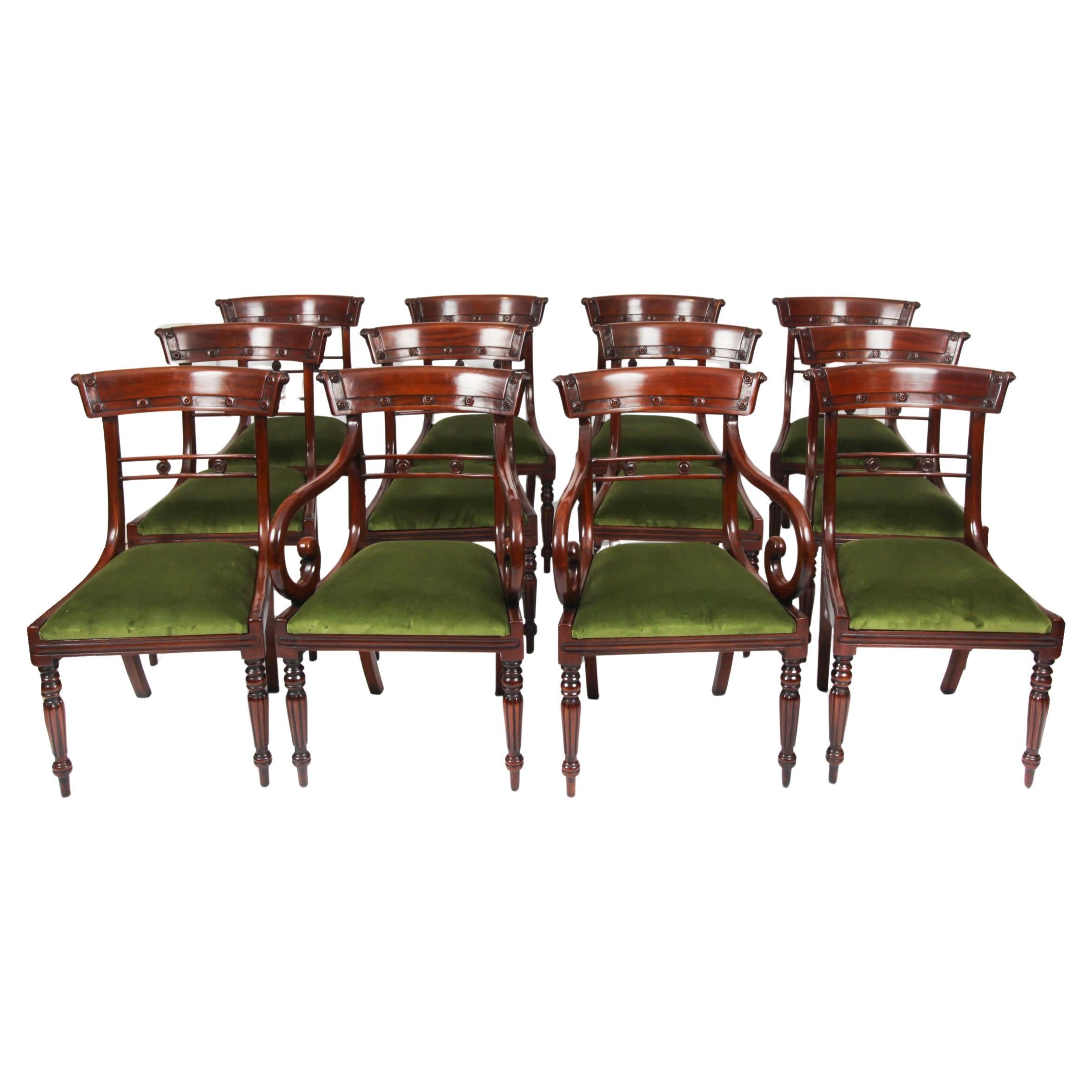 Vintage Set 12 English Regency Revival Bar Back Dining Chairs 20th Century